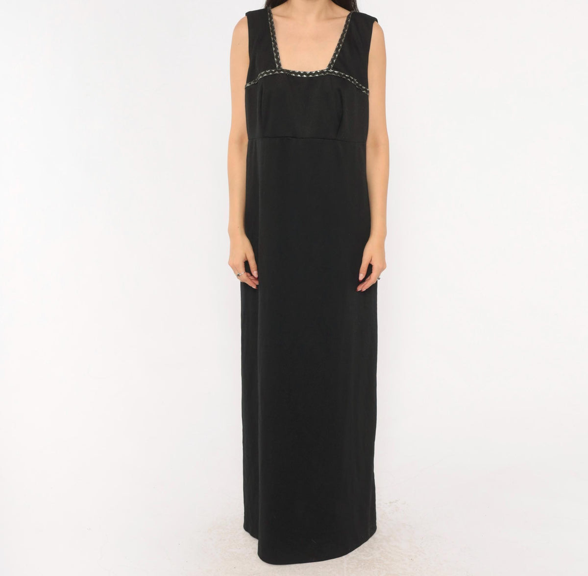 70s Black Maxi Dress Empire Waist Square Neckline Silver Braided Trim Extra Large