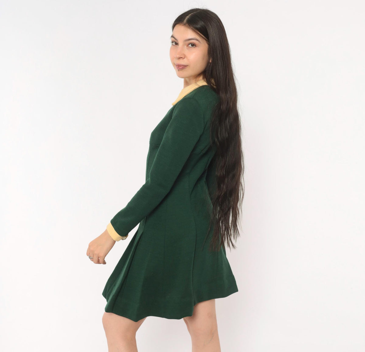 1960s Mod Mini Dress Olive Wool Pointed Collar Cream Long Sleeve Small