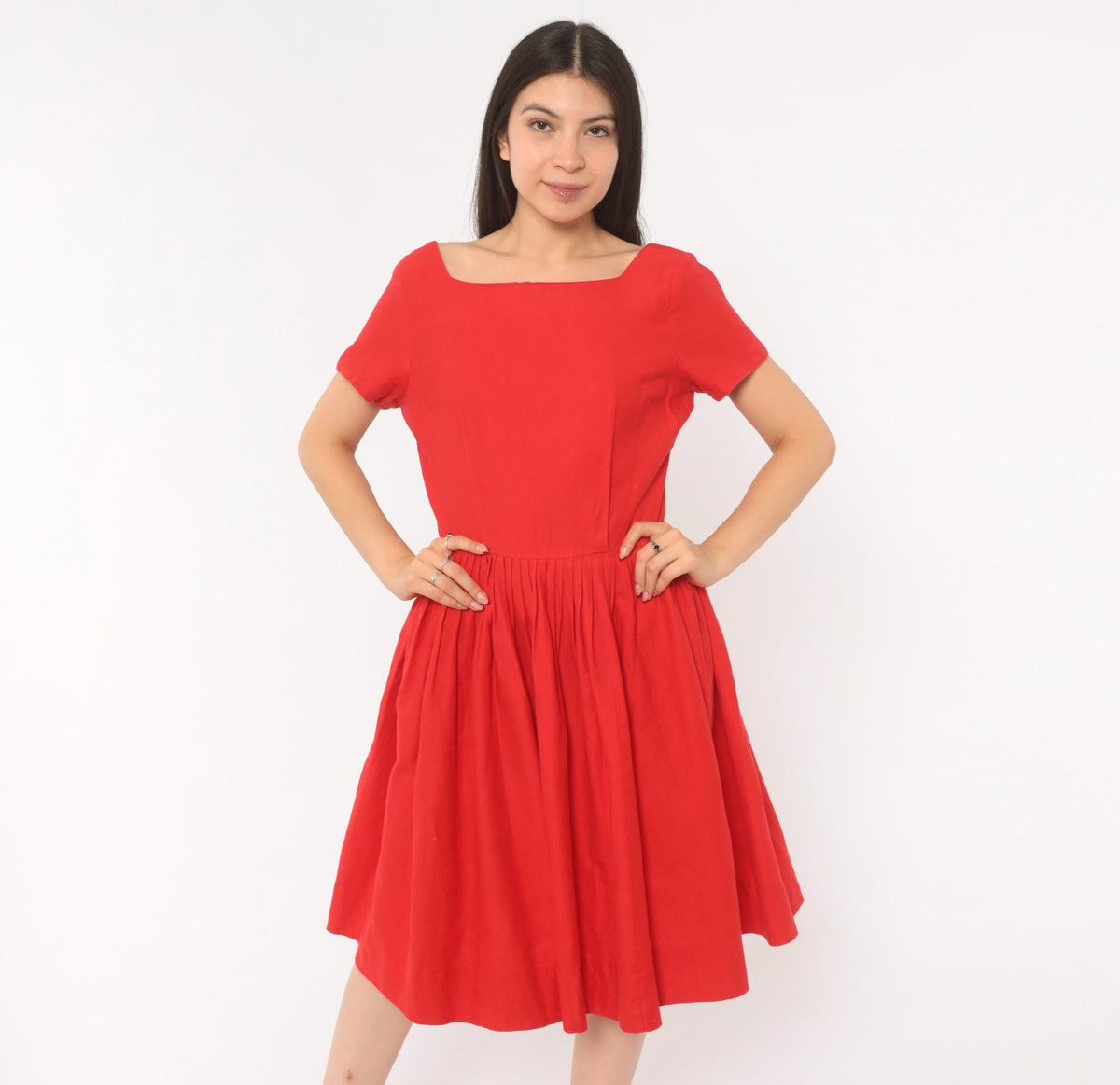 60s Frolic Time California Red Fit And Flare Dress Square Neckline Small S