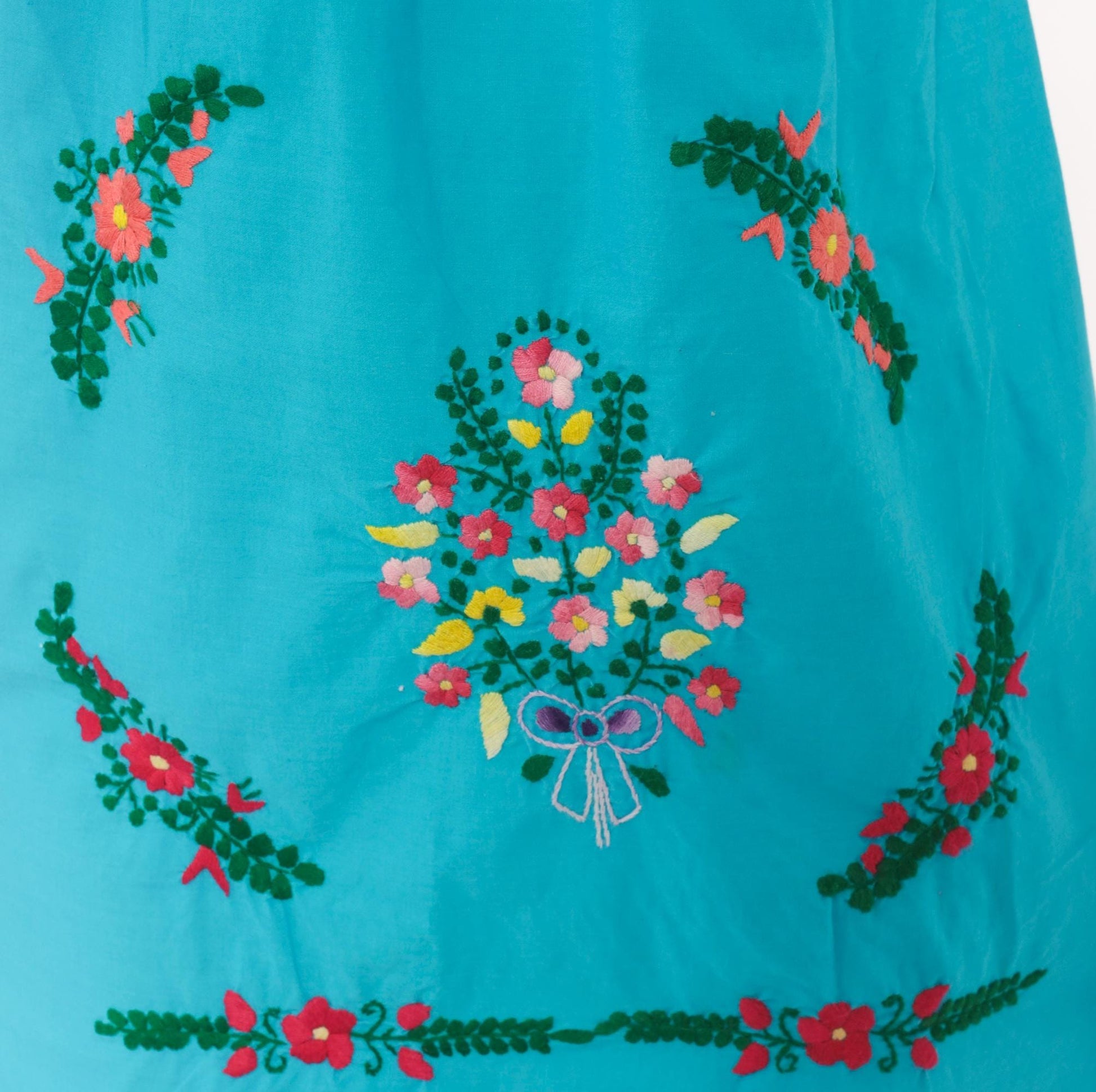 1970s Mexican Puebla Embroidered Cotton Dress Turquoise Floral Mini Extra Small