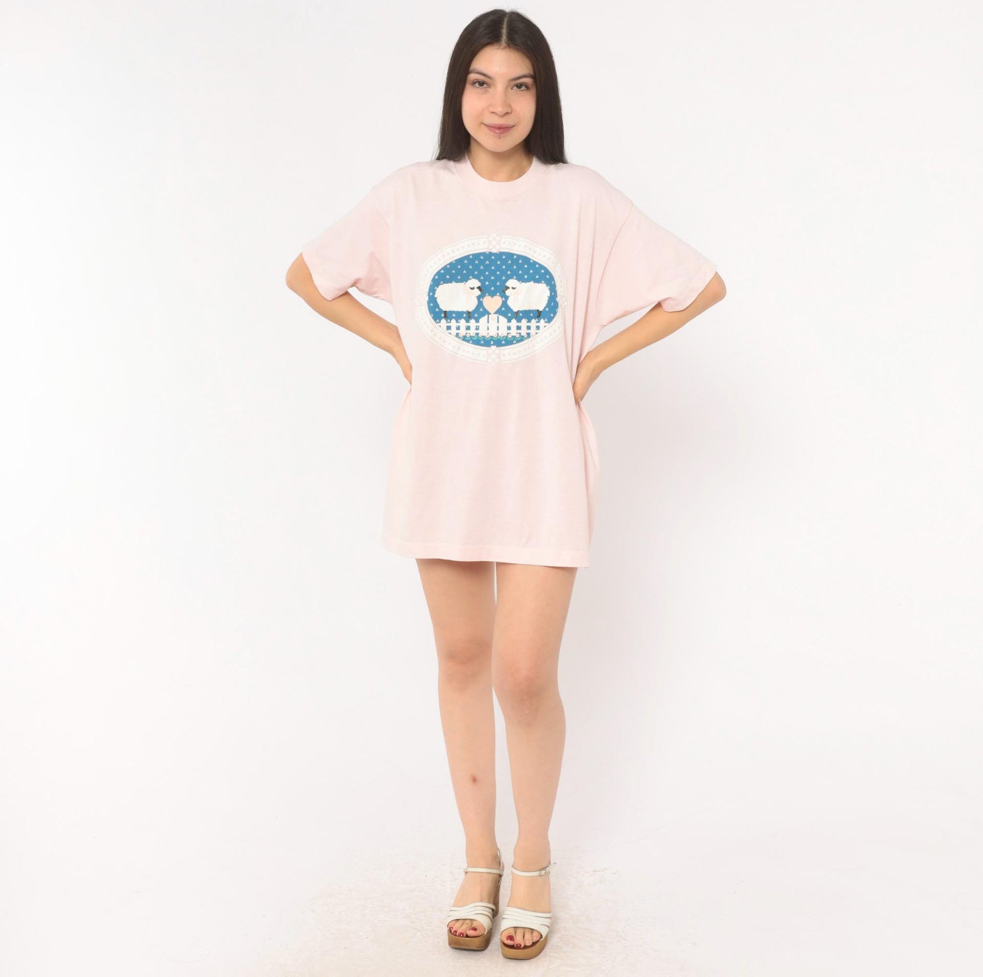 90s Screen Stars Sheep Heart Graphic Tee Pink Cotton Blush Print Extra Large XL