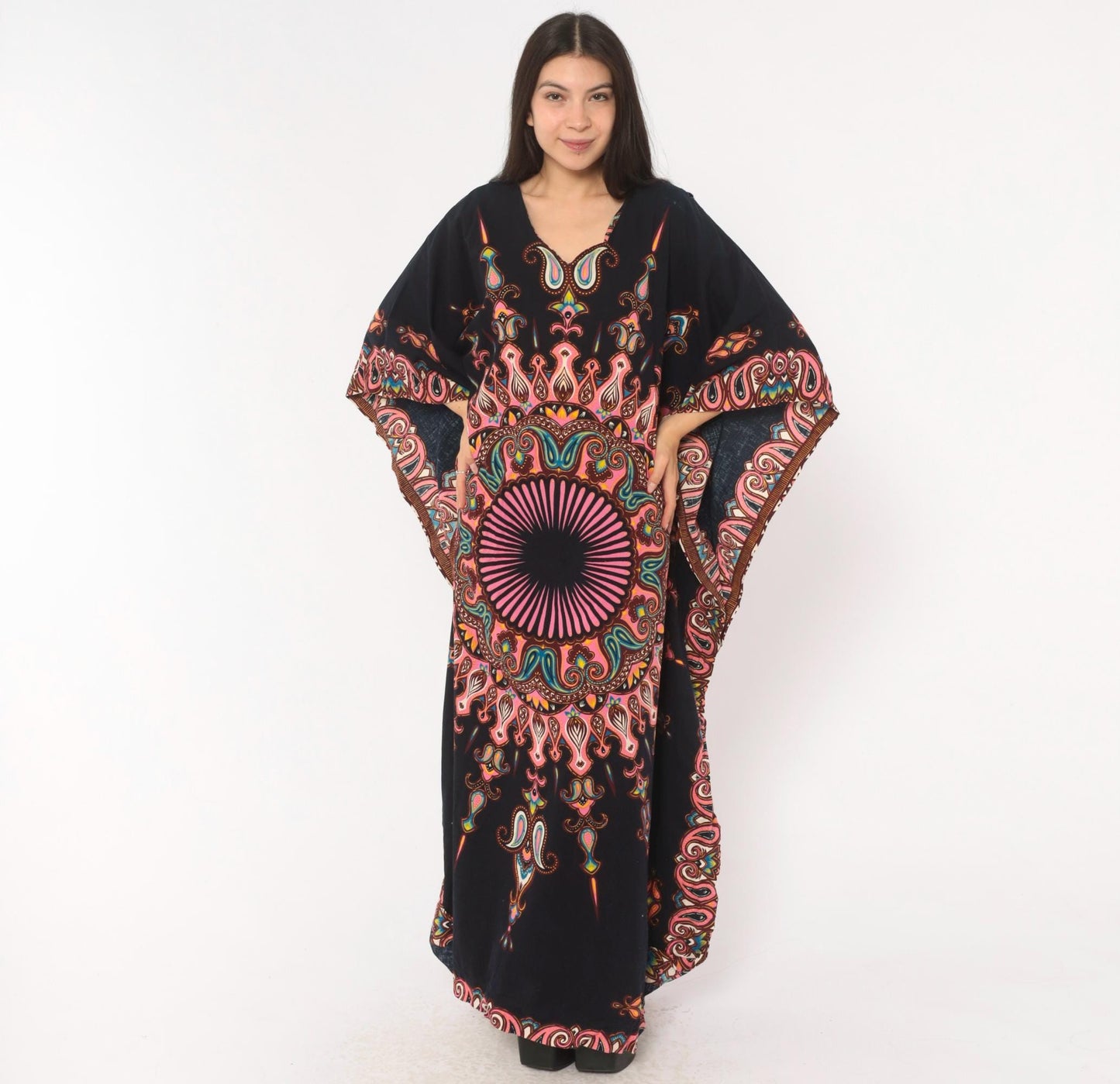 2000s Black Mandala Kaftan Paisley Print Pink V-Neck Bat Wing Maxi Dress One Size