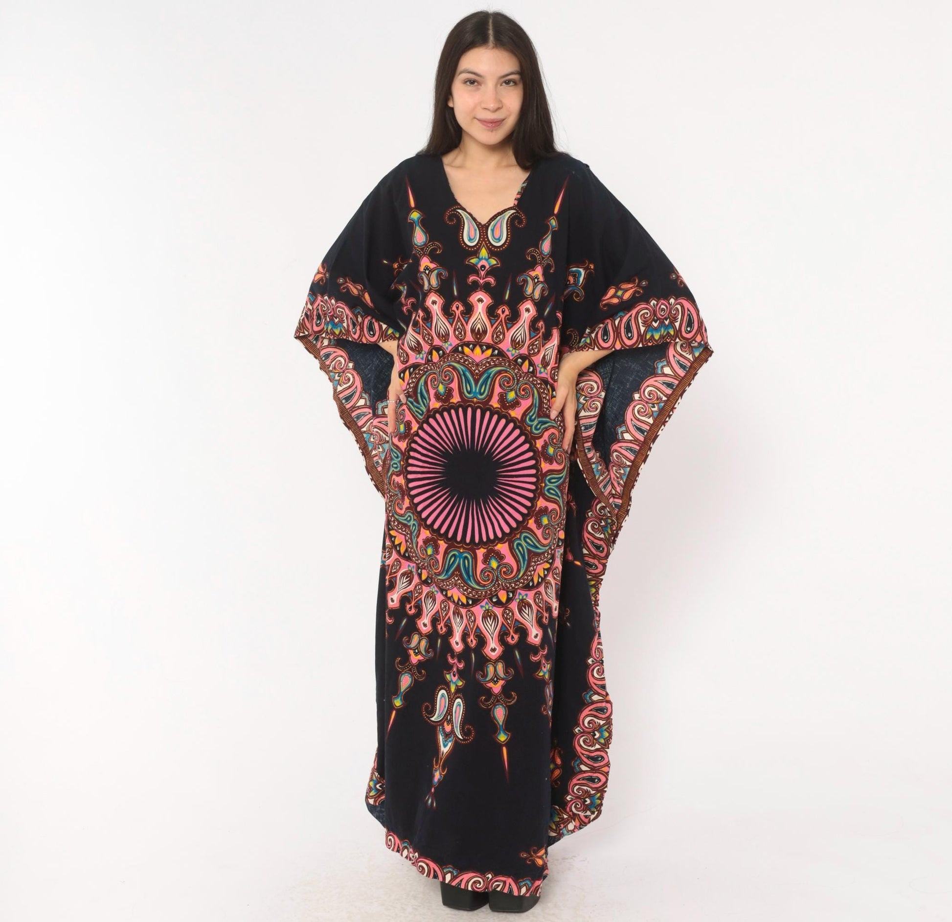 2000s Black Mandala Kaftan Paisley Print Pink V-Neck Bat Wing Maxi Dress One Size