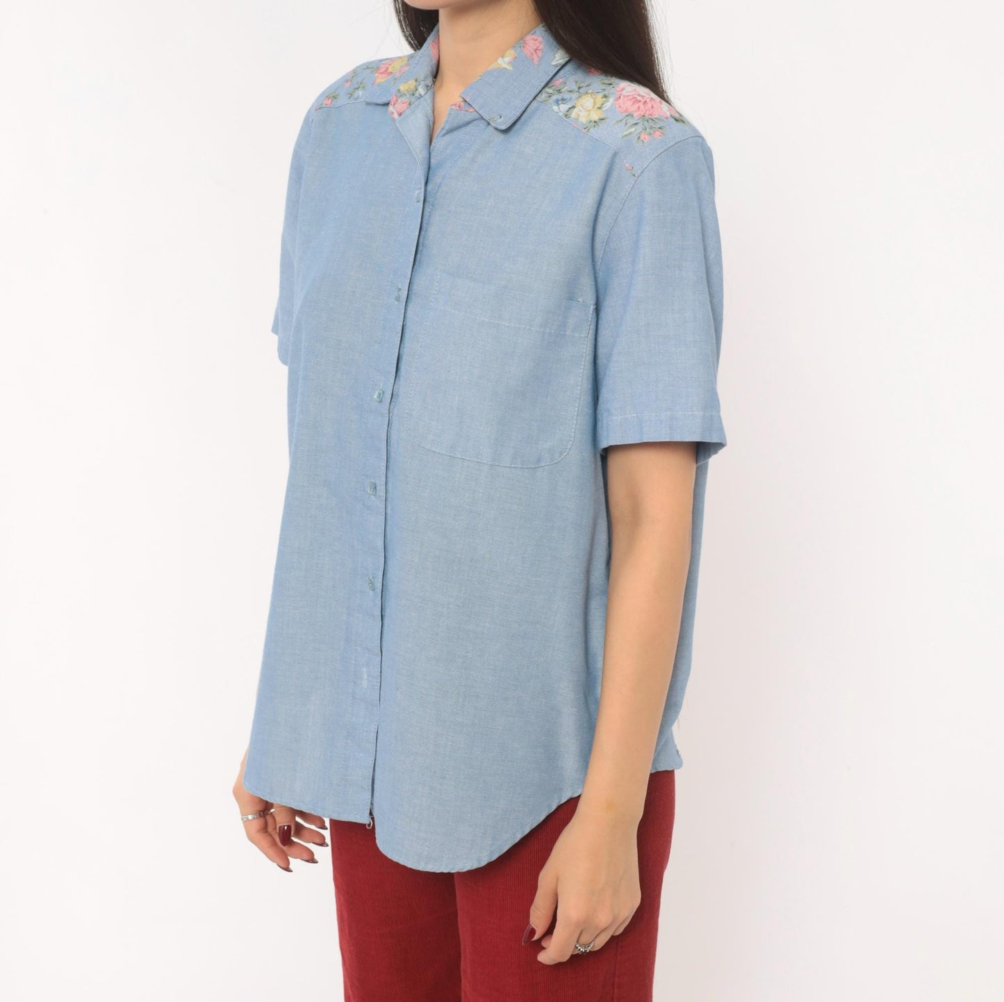 90s Alfred Dunner Floral Yoke Chambray Shirt Blue Button Front Medium