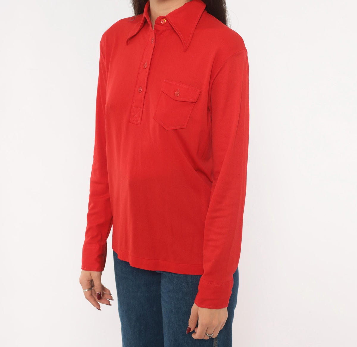 70s K Mart Red Polo Shirt Pointed Collar Long Sleeve Chest Pocket Medium