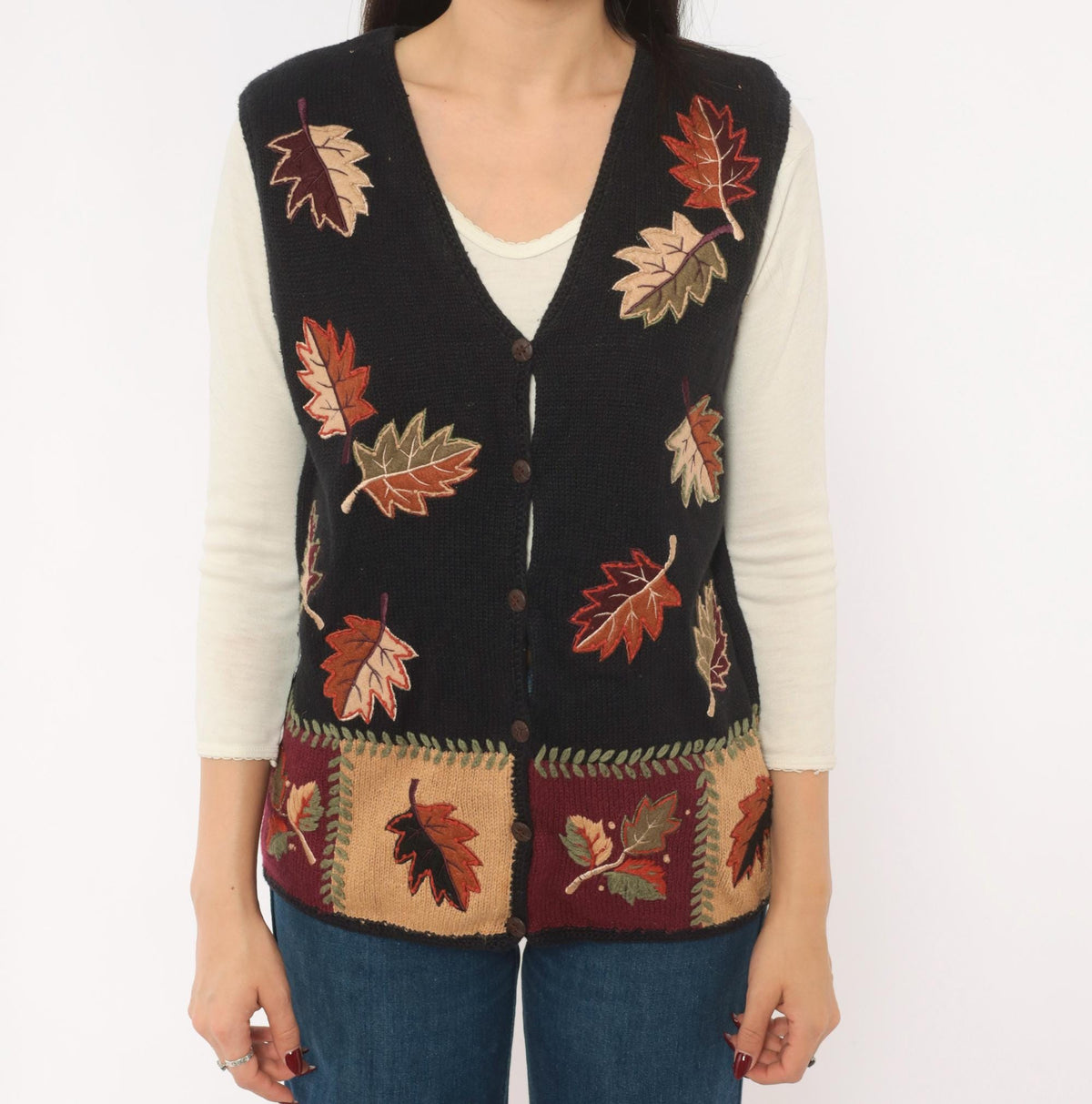 90s Black Knit Vest Autumn Leaves Appliqué Button Front Patchwork Medium M