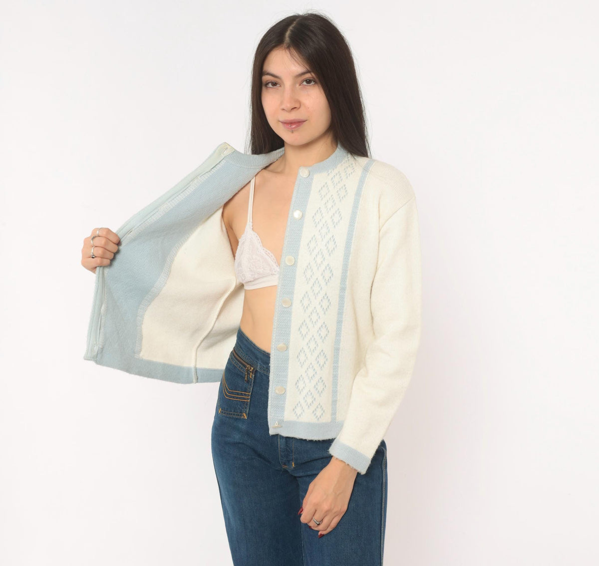 70s Mello Knit Cream Baby Blue Diamond Cardigan Button Front Medium