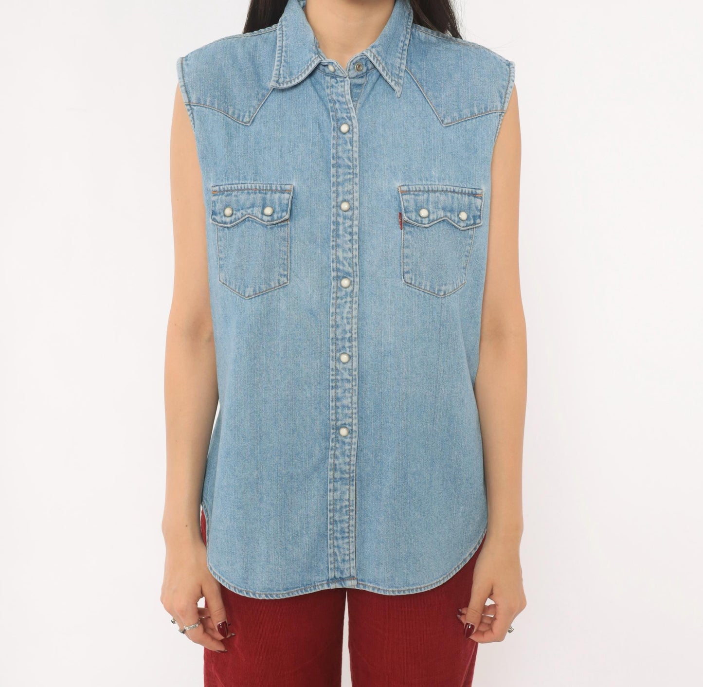 2000s Levi's Red Tab Denim Western Vest Light Wash Pearl Snap Medium M
