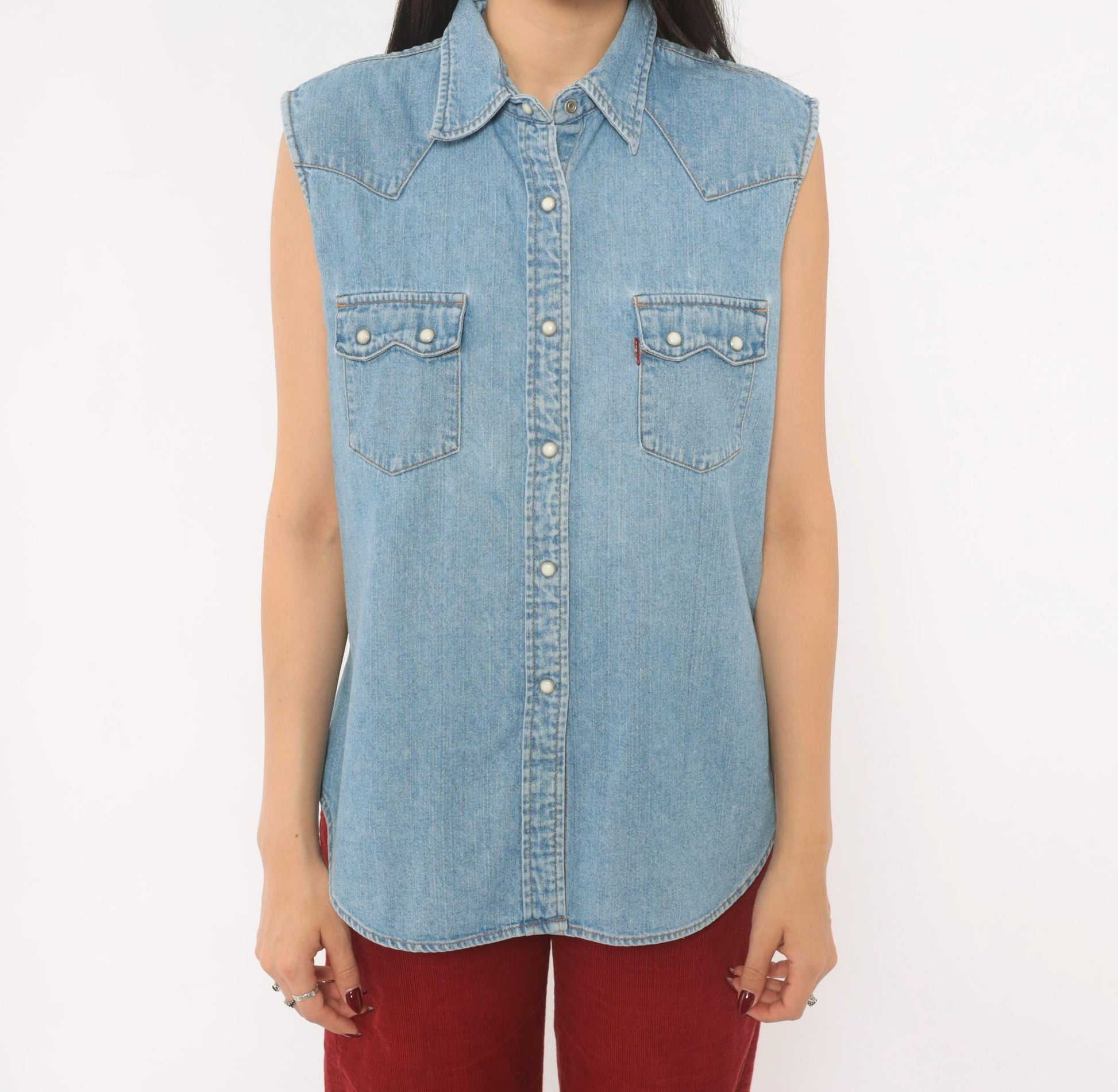 2000s Levi's Red Tab Denim Western Vest Light Wash Pearl Snap Medium M