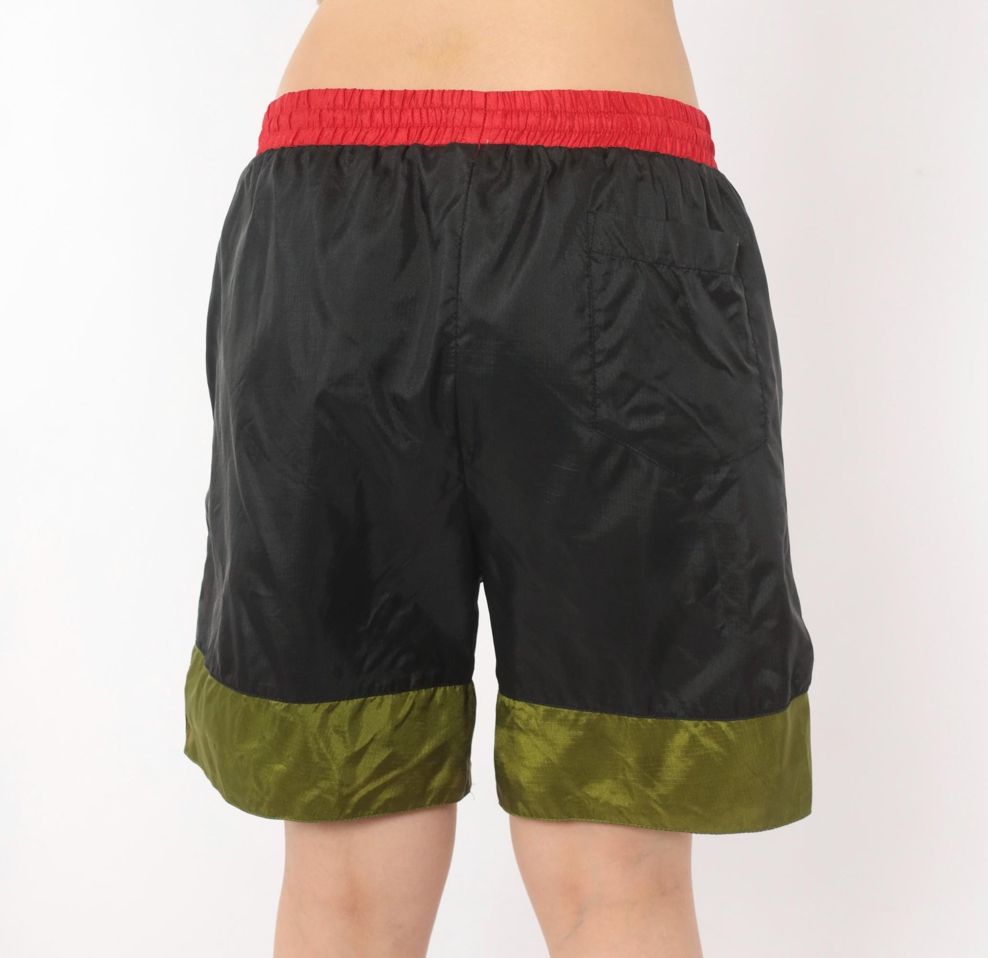 90s Nike Windbreaker Shorts Black Olive Red Color Block Medium M
