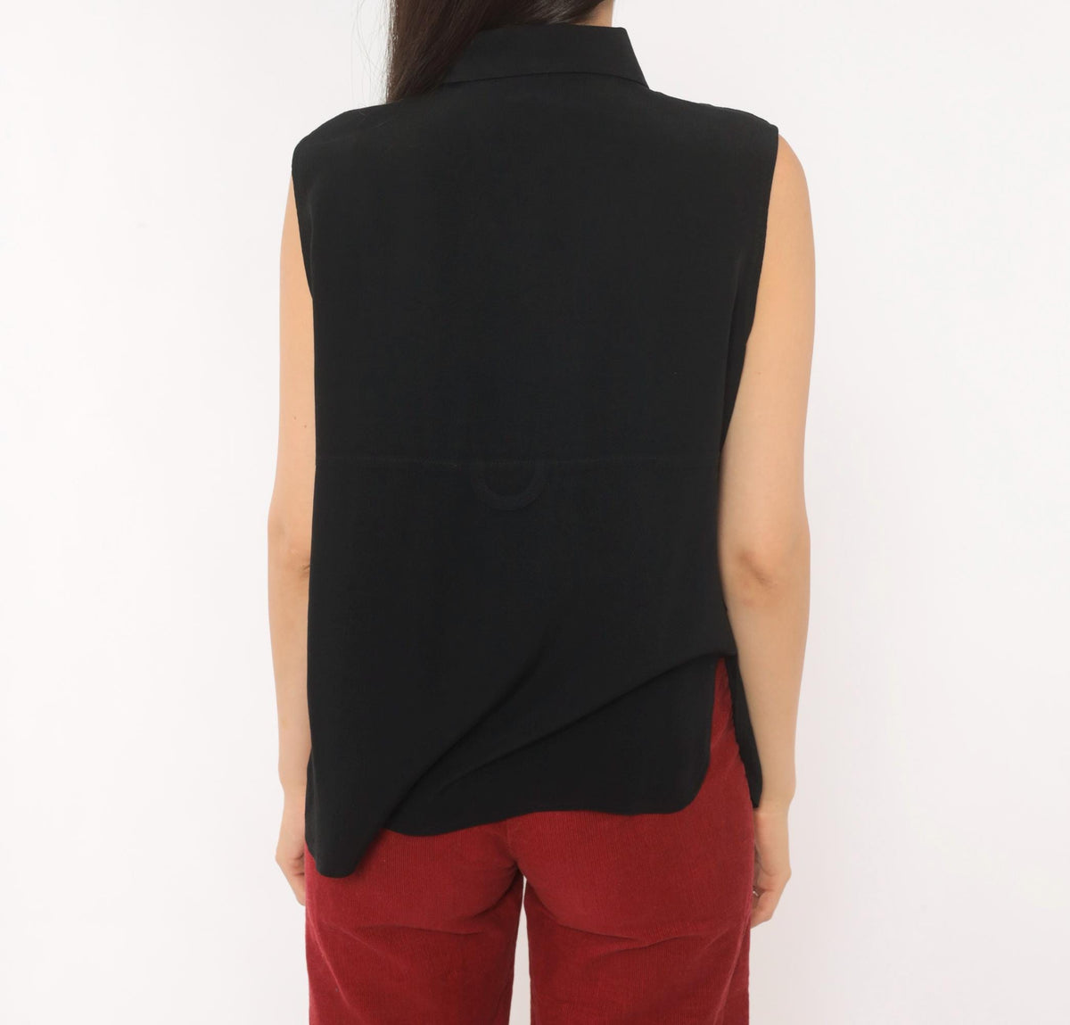 90s First Option Black Sleeveless Button Blouse Pointed Collar Medium M