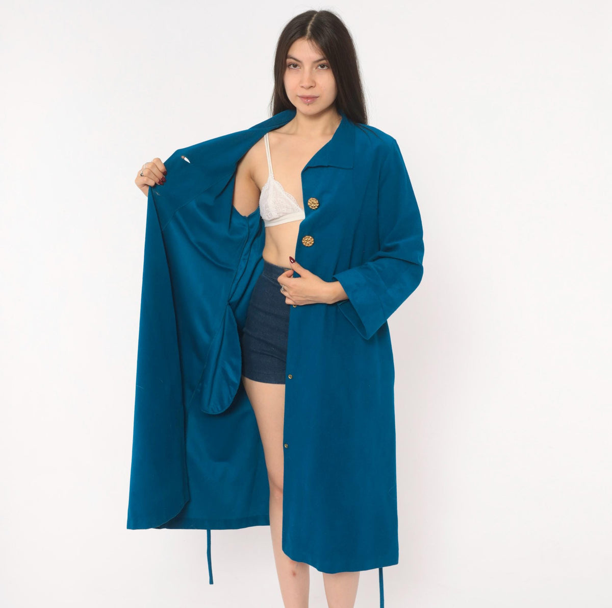 70s Vassarette Cobalt Belted Wrap Coat Knee Length Gold Buttons Medium