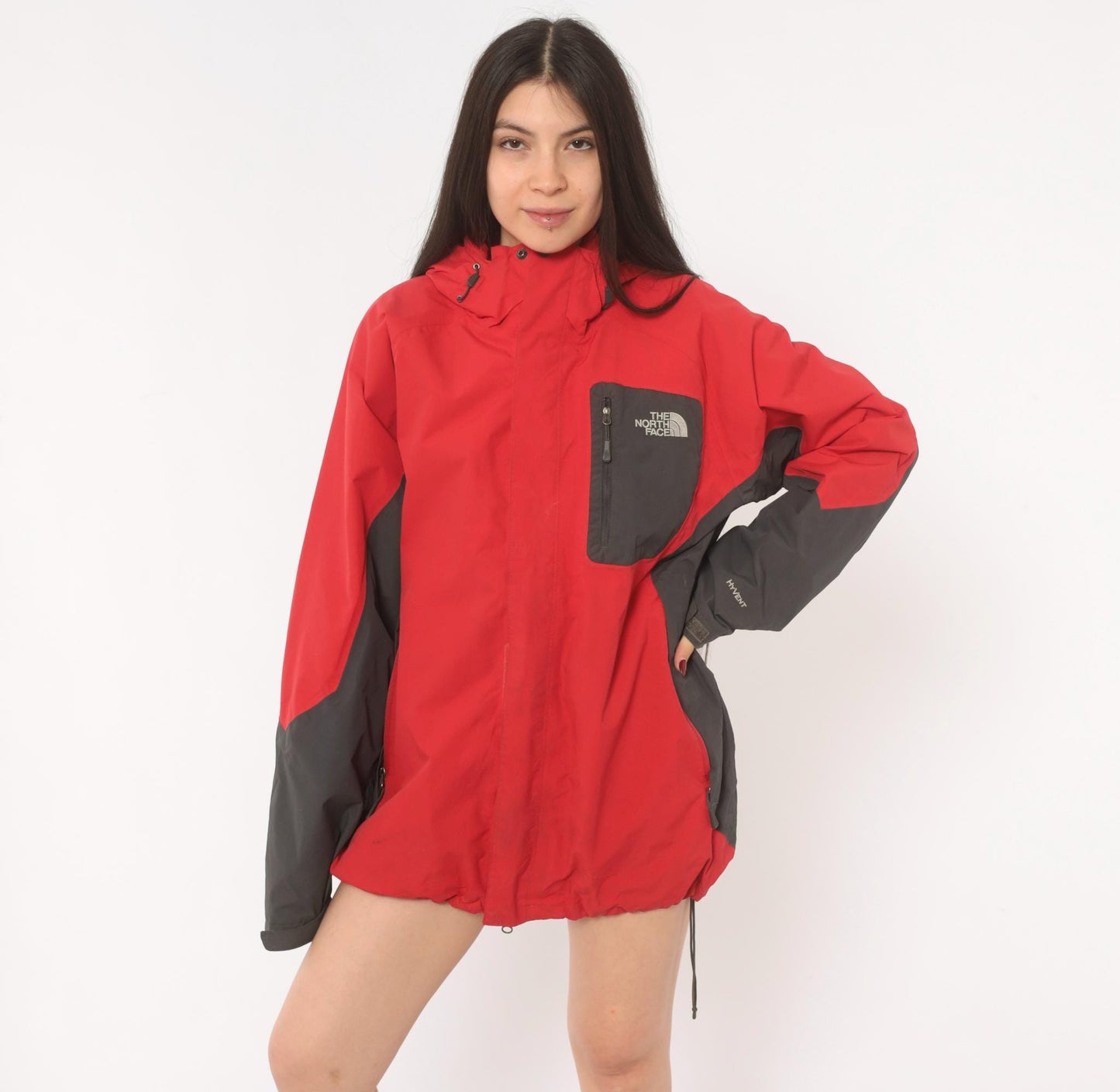 2000s The North Face Red Black HyVent Hooded Windbreaker Large L