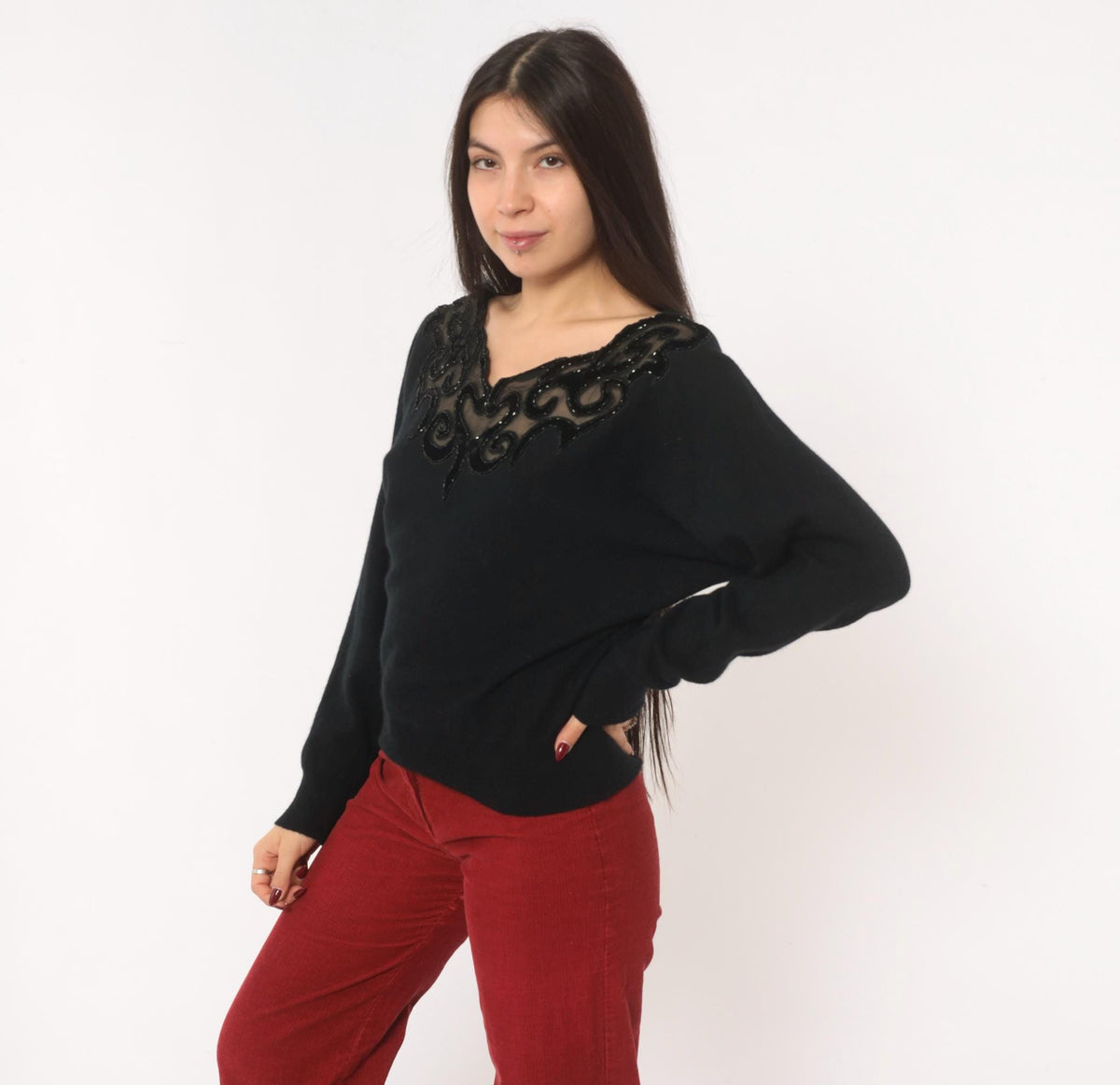 80s Sunbow 2 Black Beaded Mesh V-Neck Angora Pullover Dolman Sleeve Medium