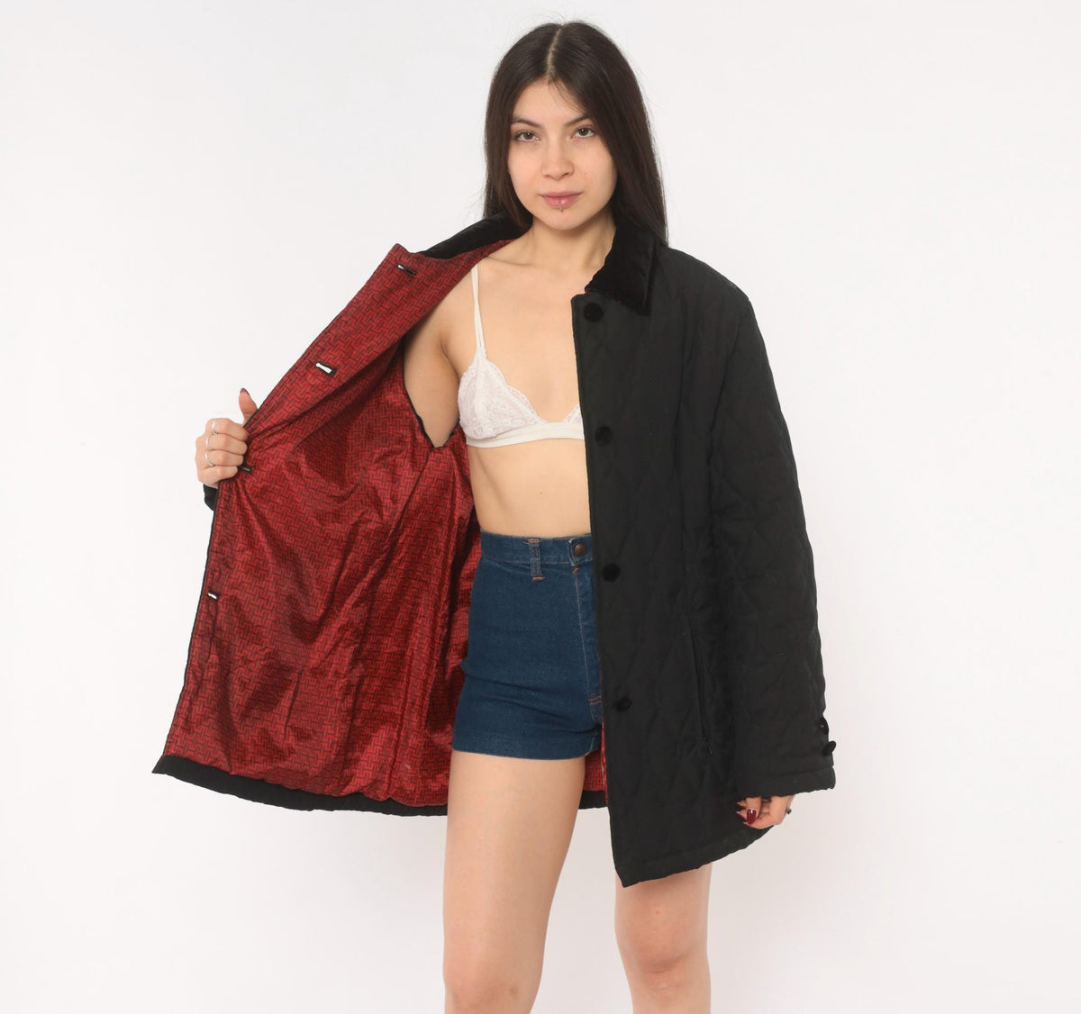 90s Halston Sport Black Quilted Jacket Diamond Stitch Velvet Collar Medium M