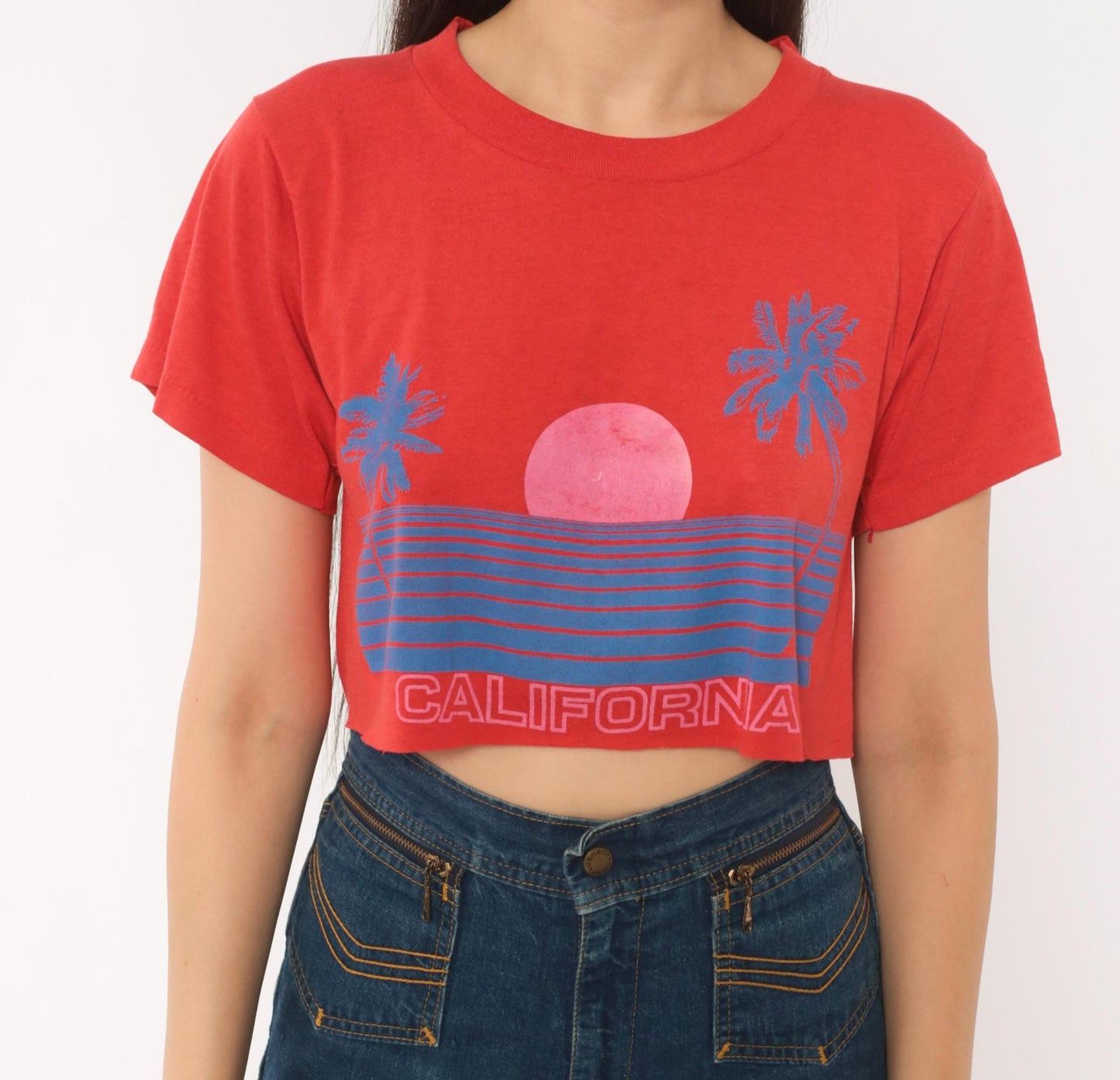 80s California Sunset Crop Top Red Graphic Tee Palm Tree Raglan Medium M