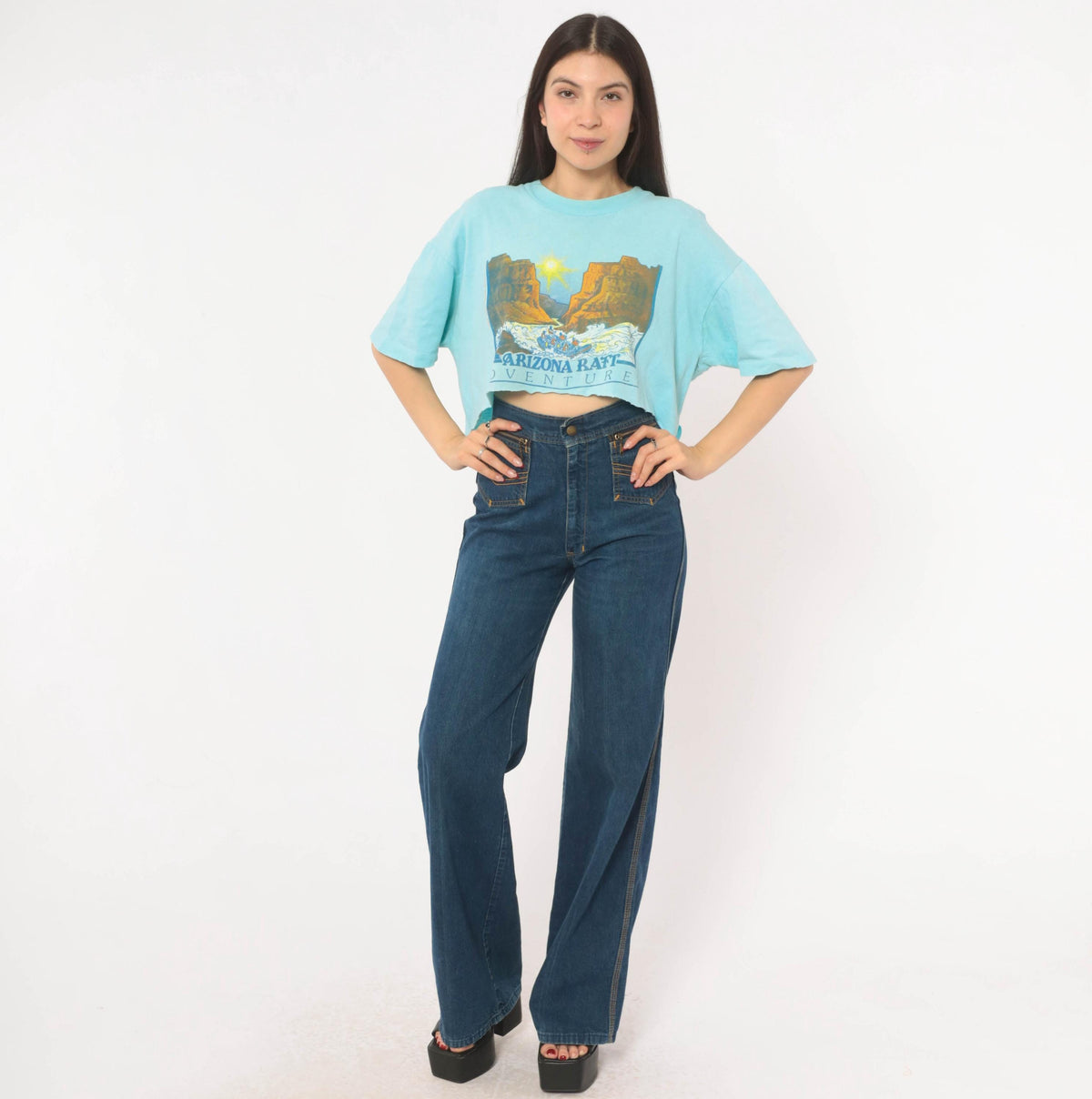 80s Arizona Raft Adventures Crop Top Light Blue Cotton Tee Stedman Medium