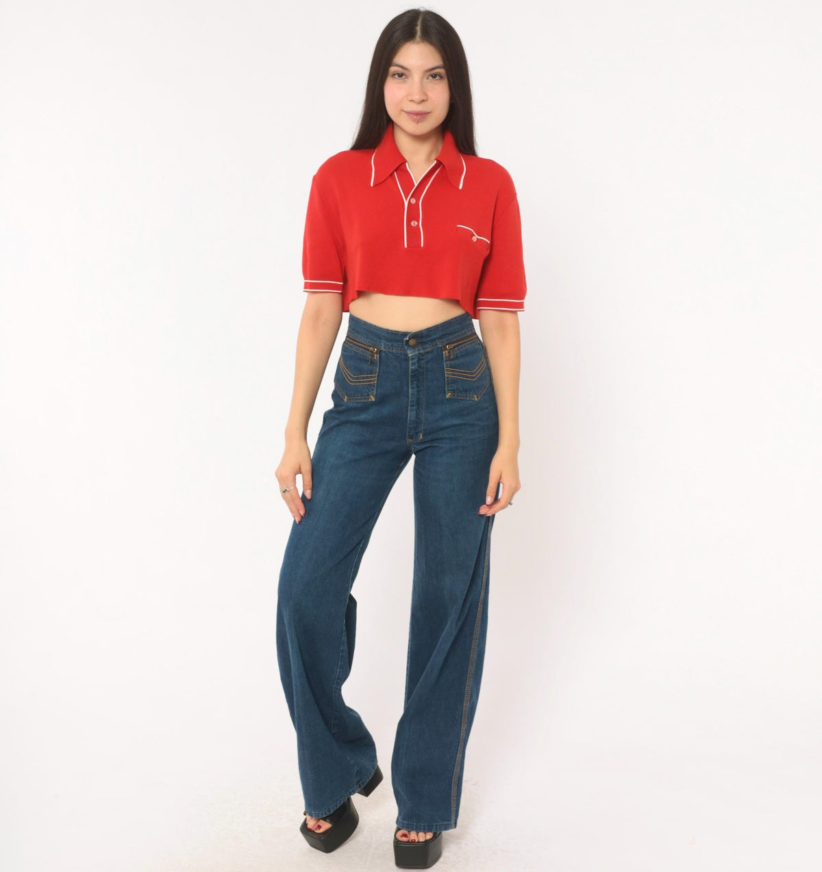70s Red Cropped Polo White Piping Knit Top Button Front Medium M