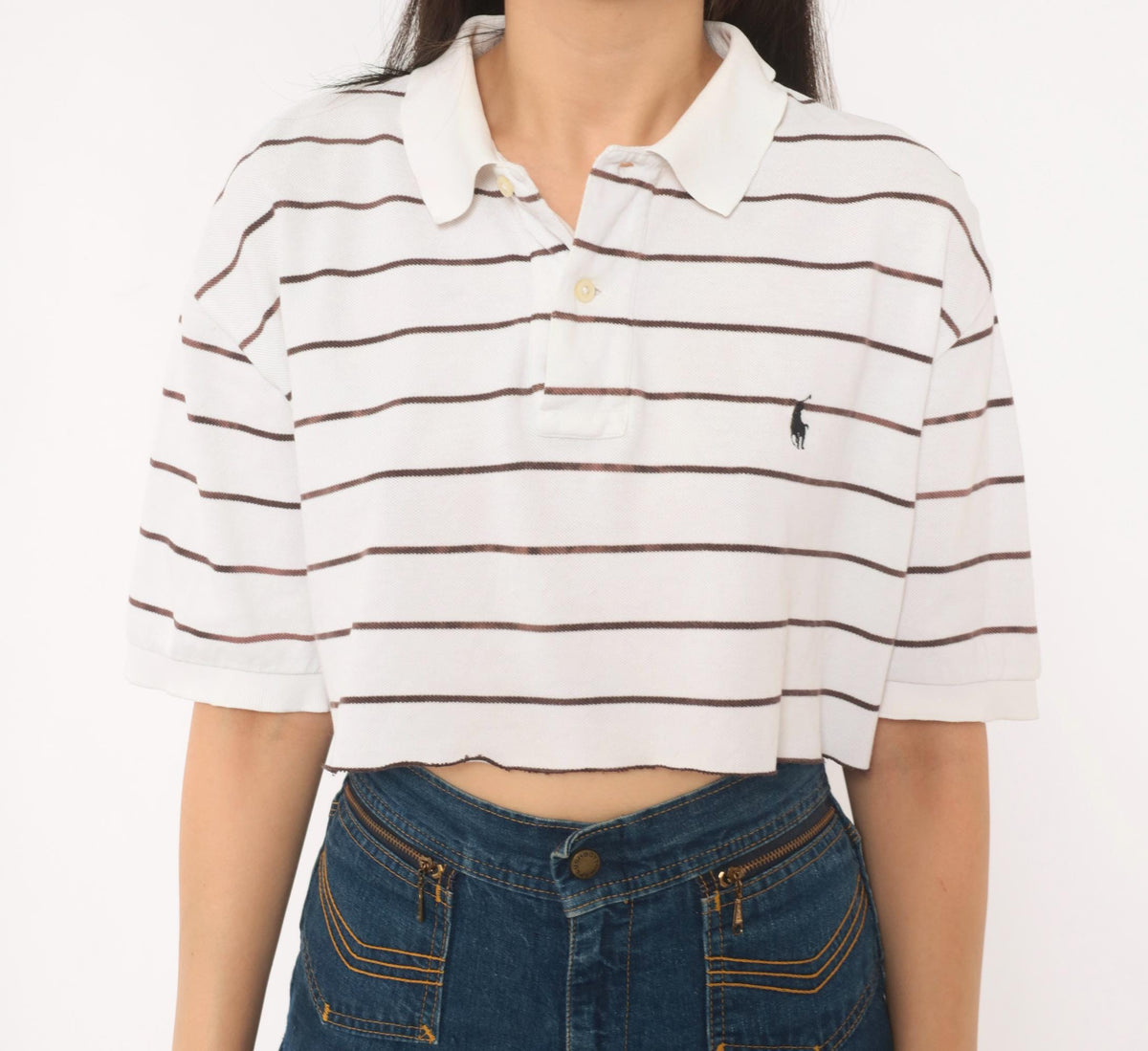 90s Polo Ralph Lauren Striped Cropped Polo Shirt White Brown Cotton Medium