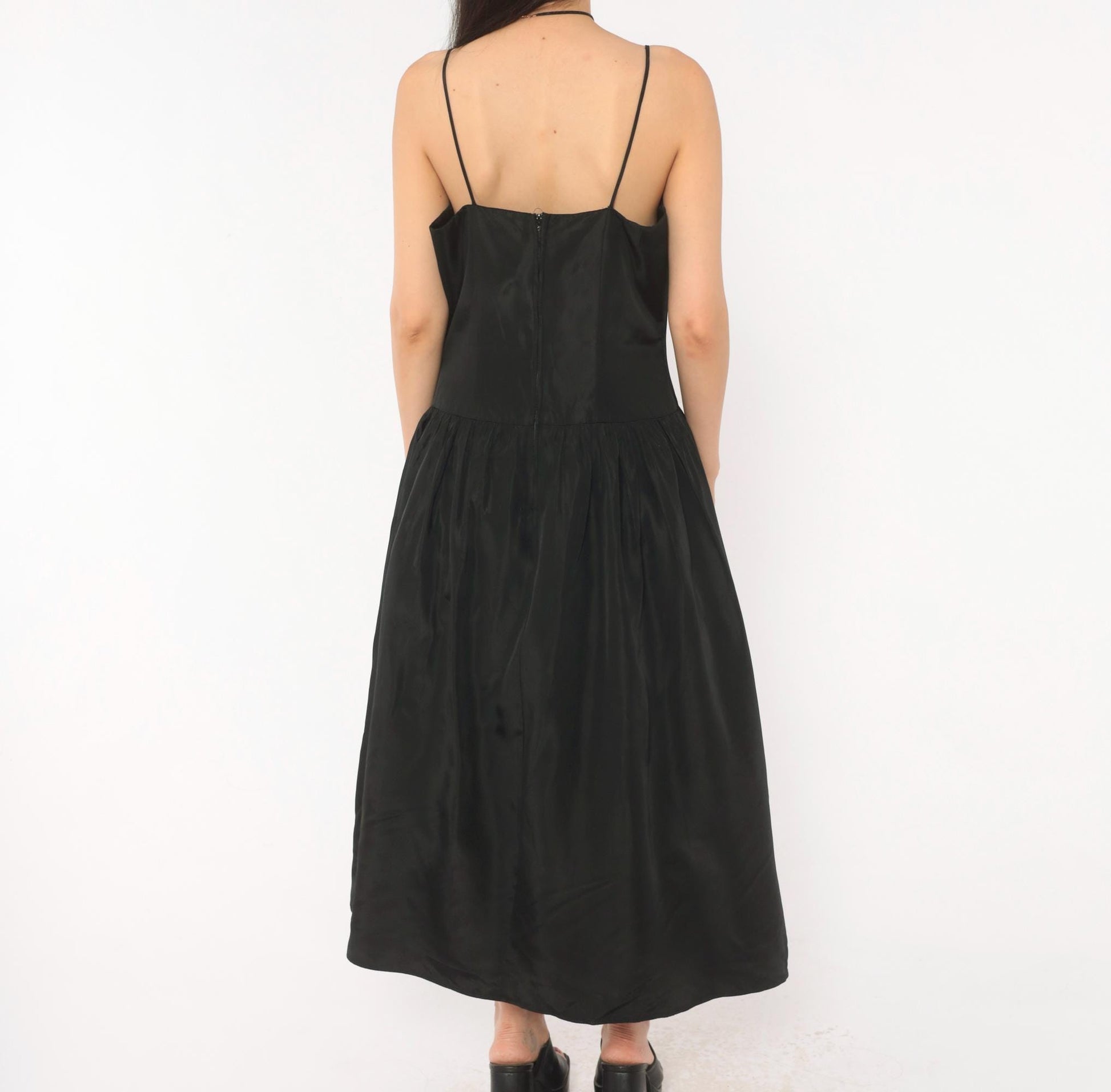 90s Black Sweetheart Midi Dress Spaghetti Strap Drop Waist Medium