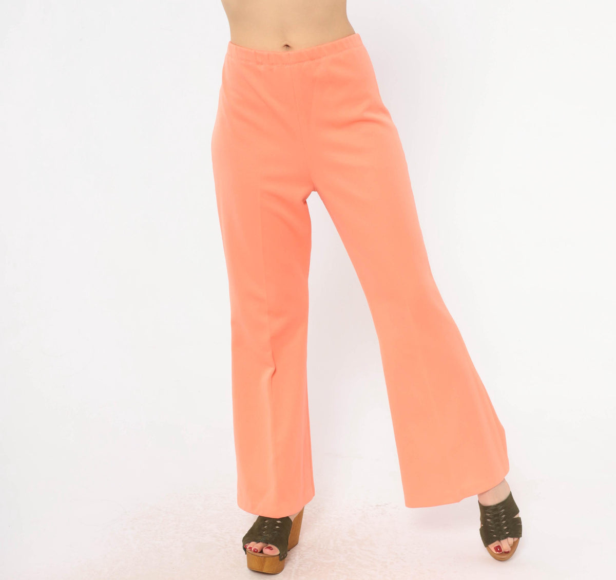 70s Peach Flare Pants High Rise Bell Bottom Trousers Knit Large L