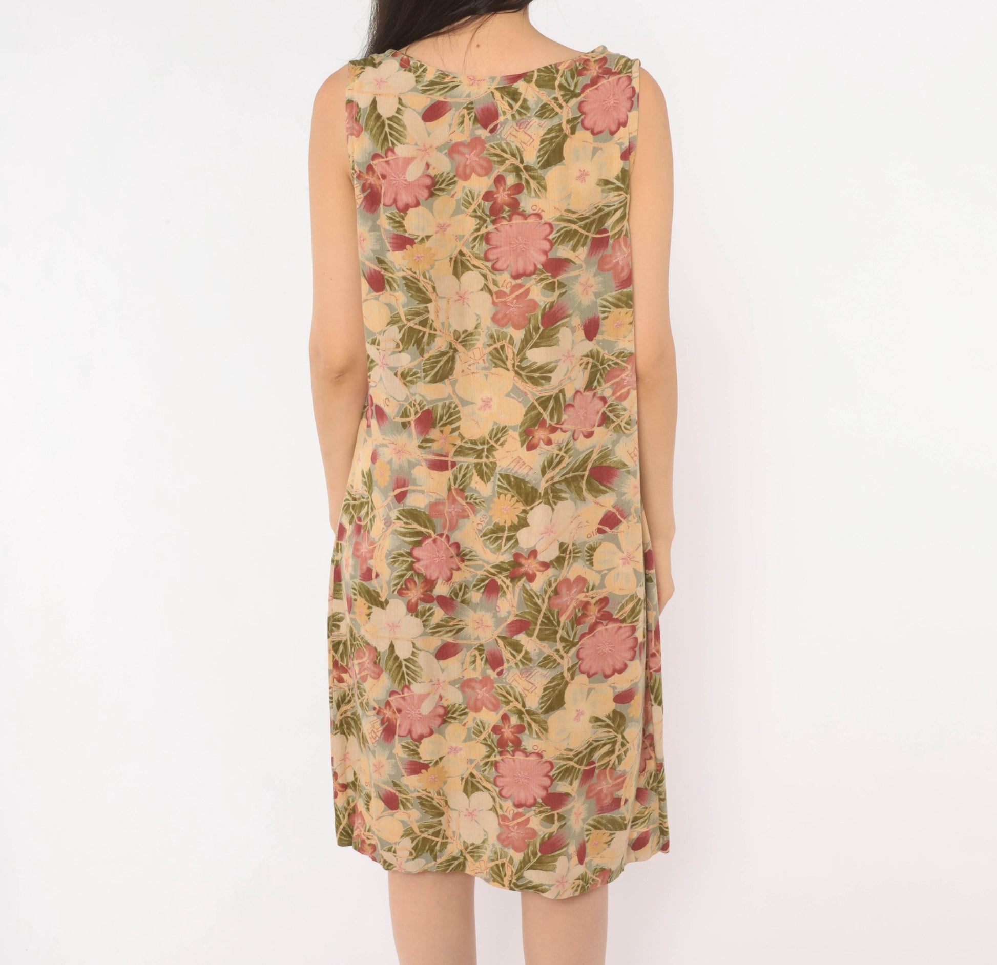 90s Dressing Clio Floral Shift Dress Cream Tropical Print Knee Length Small