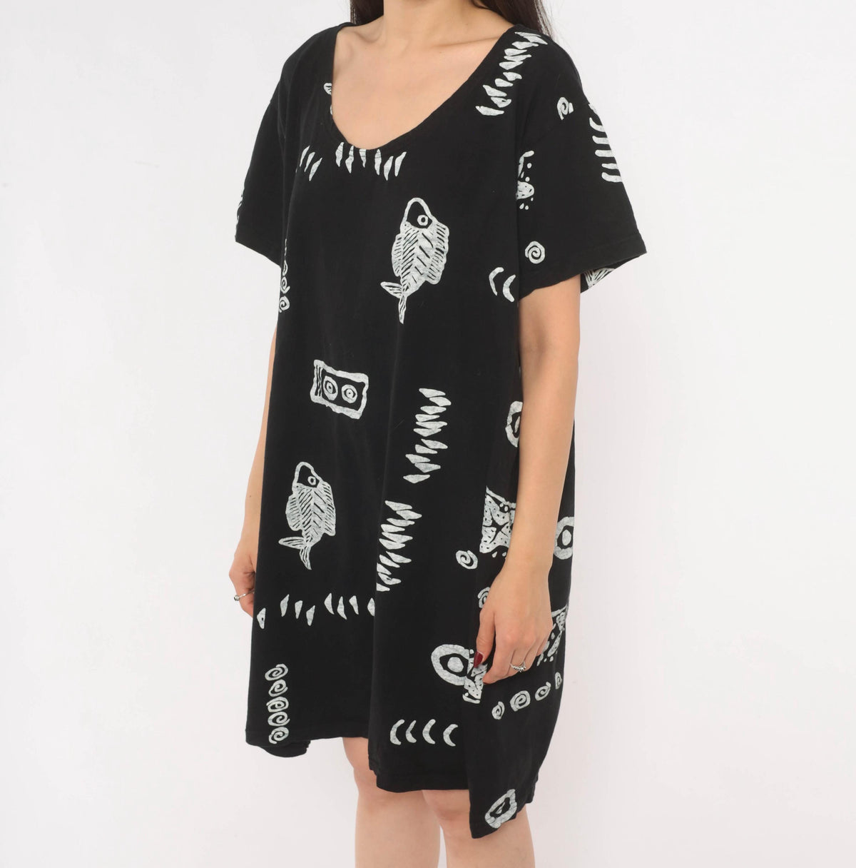 Y2K Fish Print Shift Dress Black White Cotton Marine Graphic Medium Large