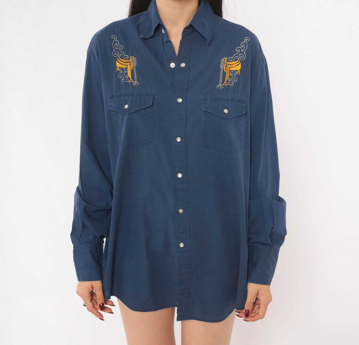 90s Blair Western Shirt Navy Pearl Snap Embroidered Saddle Mens Medium