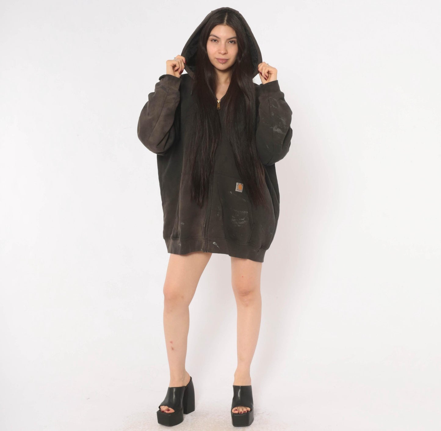 Y2K Carhartt Full Zip Hooded Sweatshirt Dark Brown Distressed XL
