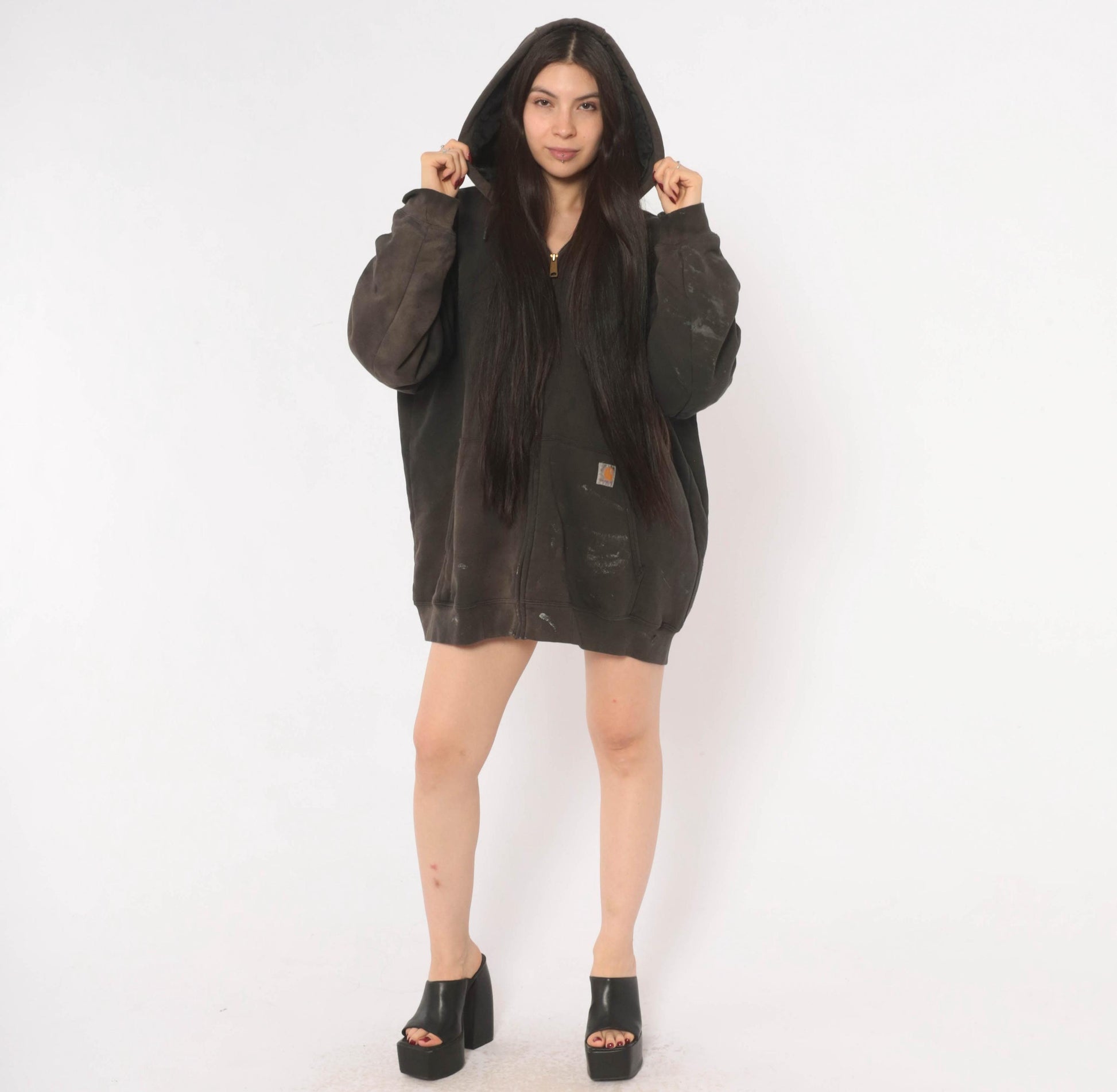 Y2K Carhartt Full Zip Hooded Sweatshirt Dark Brown Distressed XL