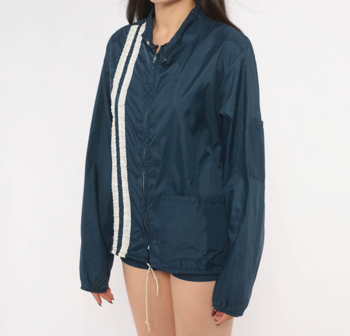 70s Sterling Pro Navy Windbreaker Racing Stripe Zip Jacket Small