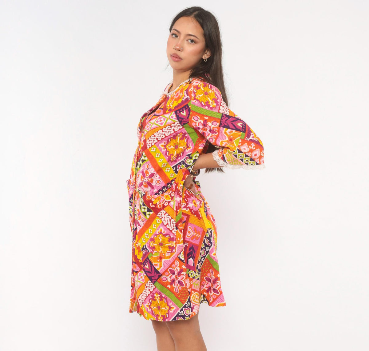 1970s Patchwork Button Front Shift Dress Knee Length Cotton Multicolor Medium M