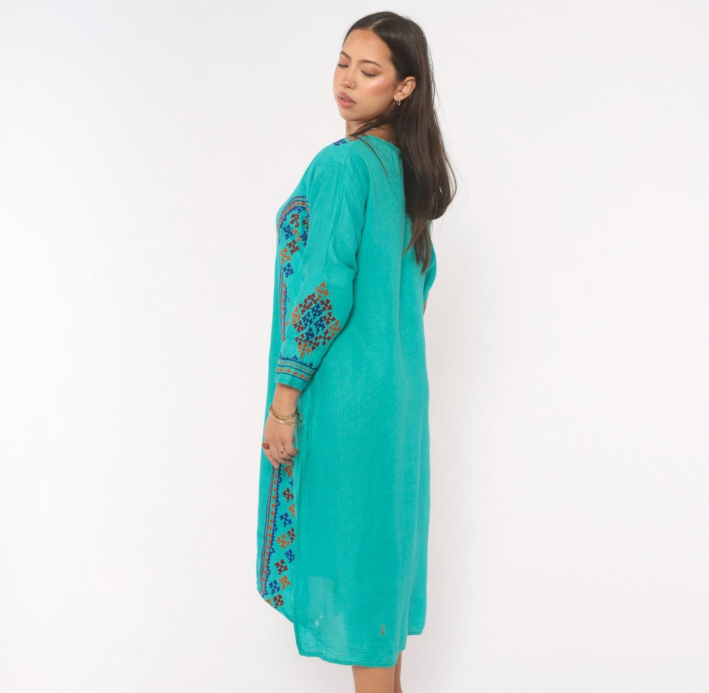 Y2K Teal Cotton Kaftan Embroidered Cross Stitch Diamond Tunic Dress Medium M