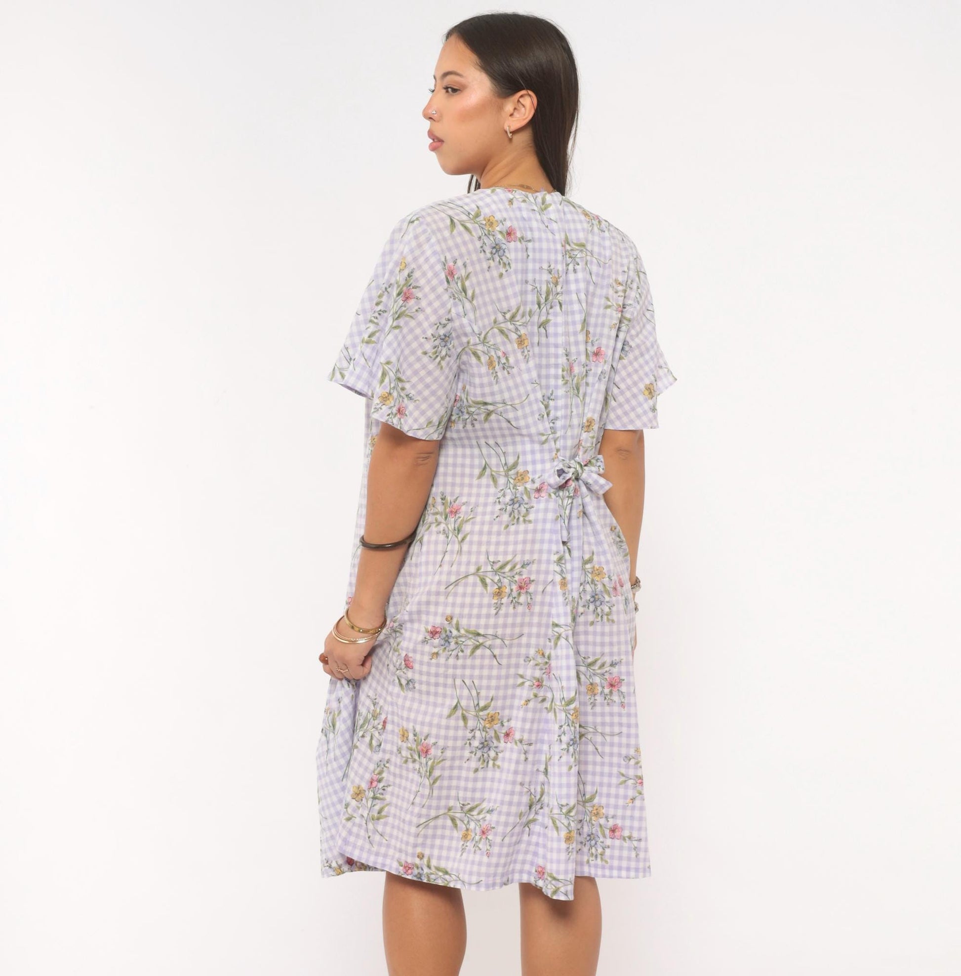 90s Sarah Richards Plus Lavender Gingham Floral Dress Flutter Sleeve A-Line Extra Large XXL