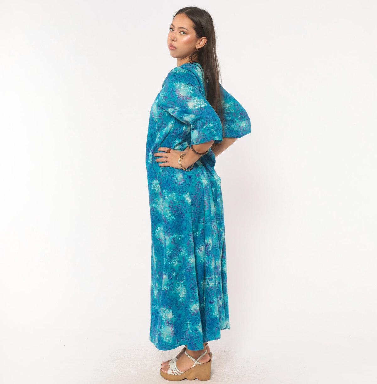 70s Psychedelic Floral Maxi Dress Blue Purple Teal Cotton Square Neck Medium