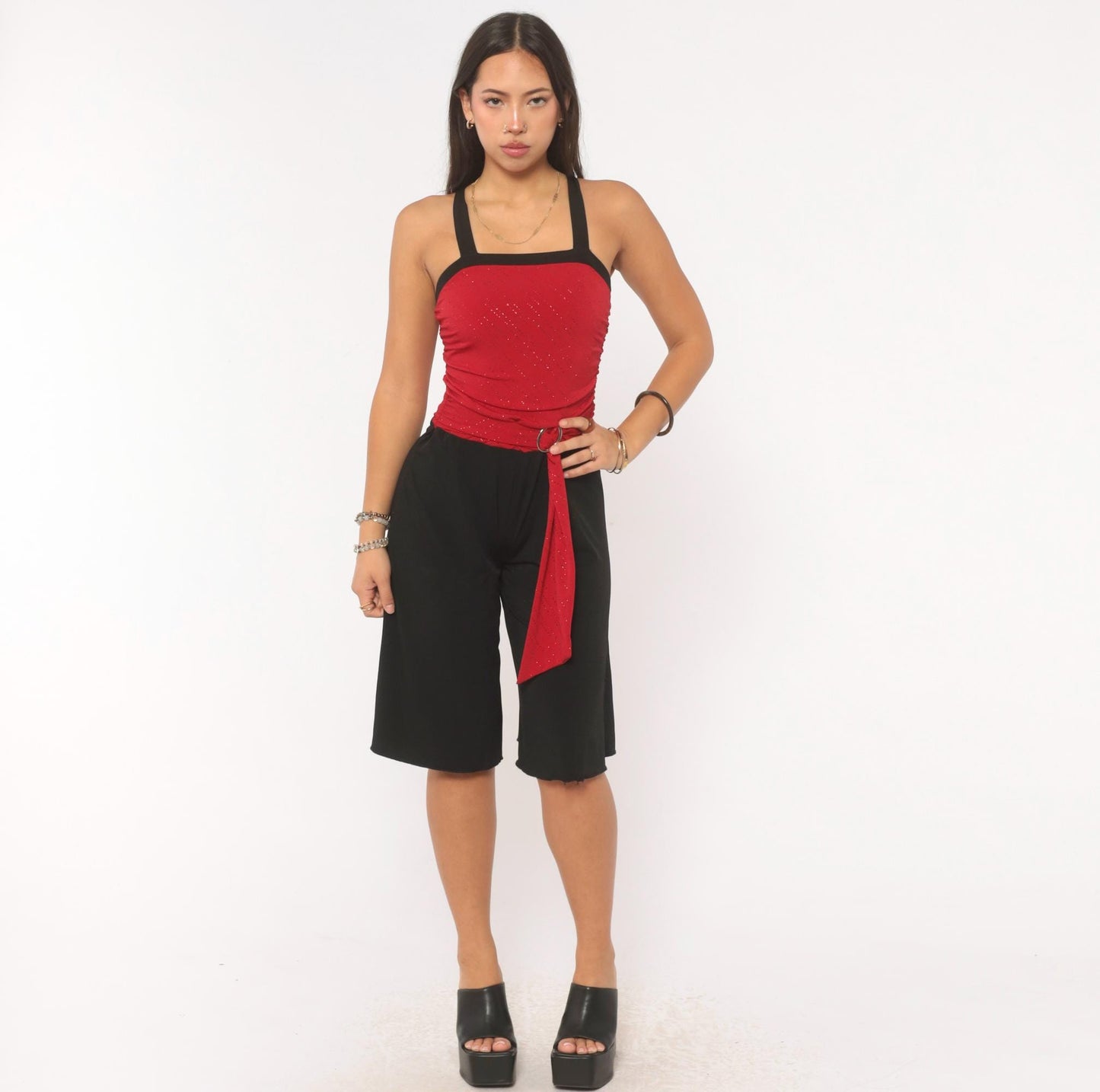 Y2K Byergirl Red Glitter Black Wide-Leg Jumpsuit Ruched Bodice XS