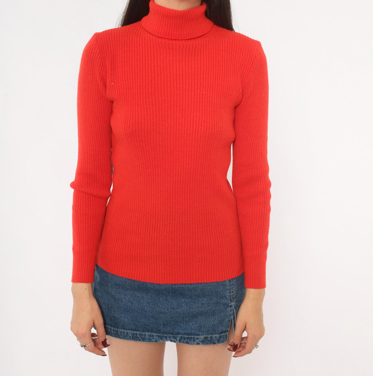 70s Red Ribbed Knit Turtleneck Sweater Fitted Pullover Back Zip Small Medium