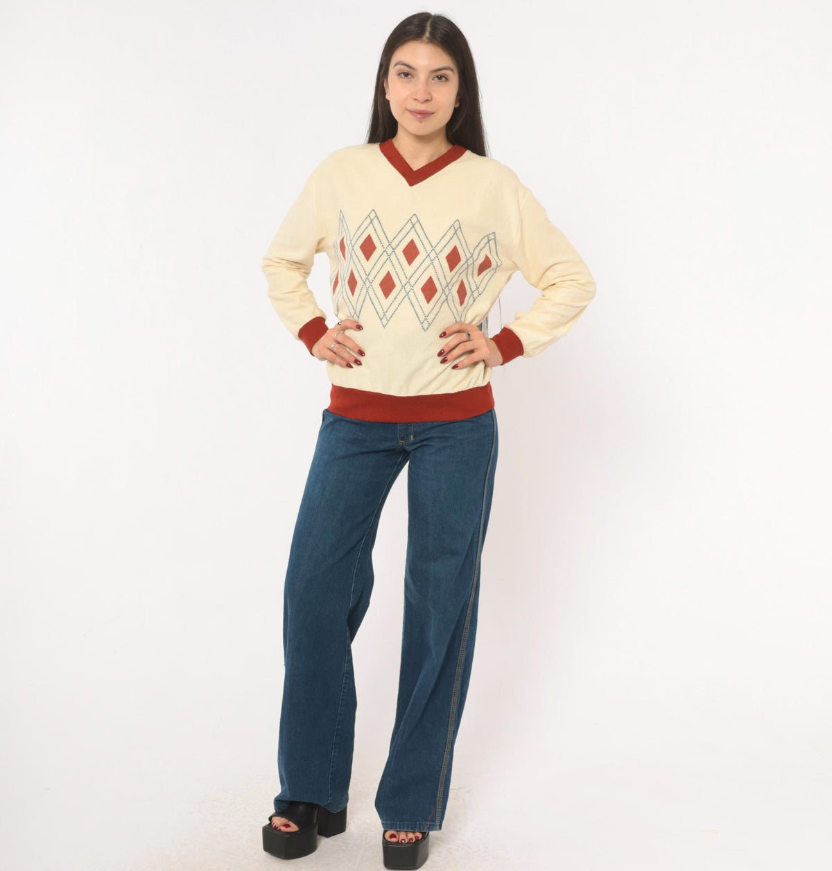 70s Windjammer Argyle V-Neck Pullover Sweatshirt Cream Burgundy Medium M