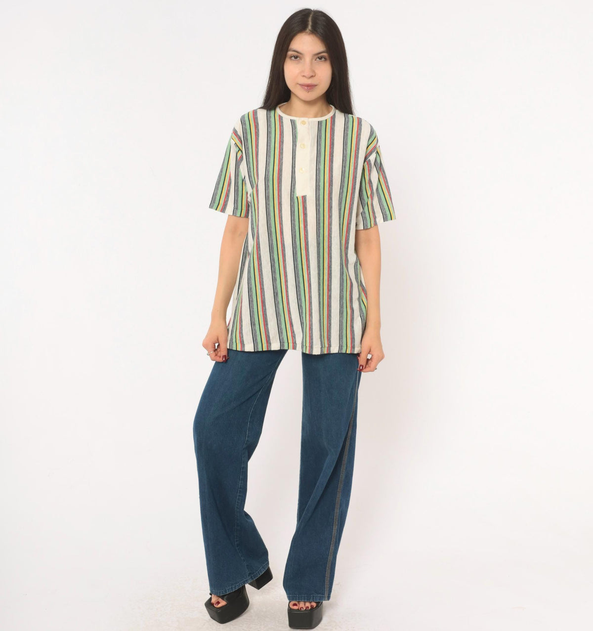 70s Esprit Multicolor Striped Henley Short Sleeve Cotton Shirt Extra Large XL
