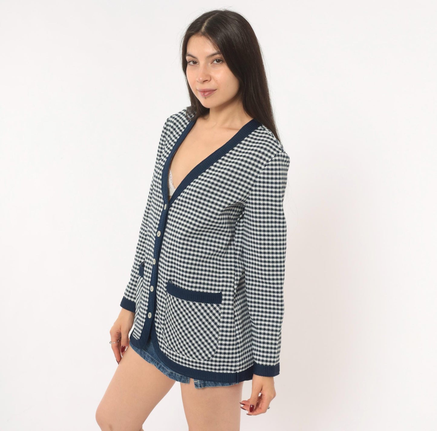 70s Jack Winter Houndstooth Cardigan Navy White Check Knit Medium M