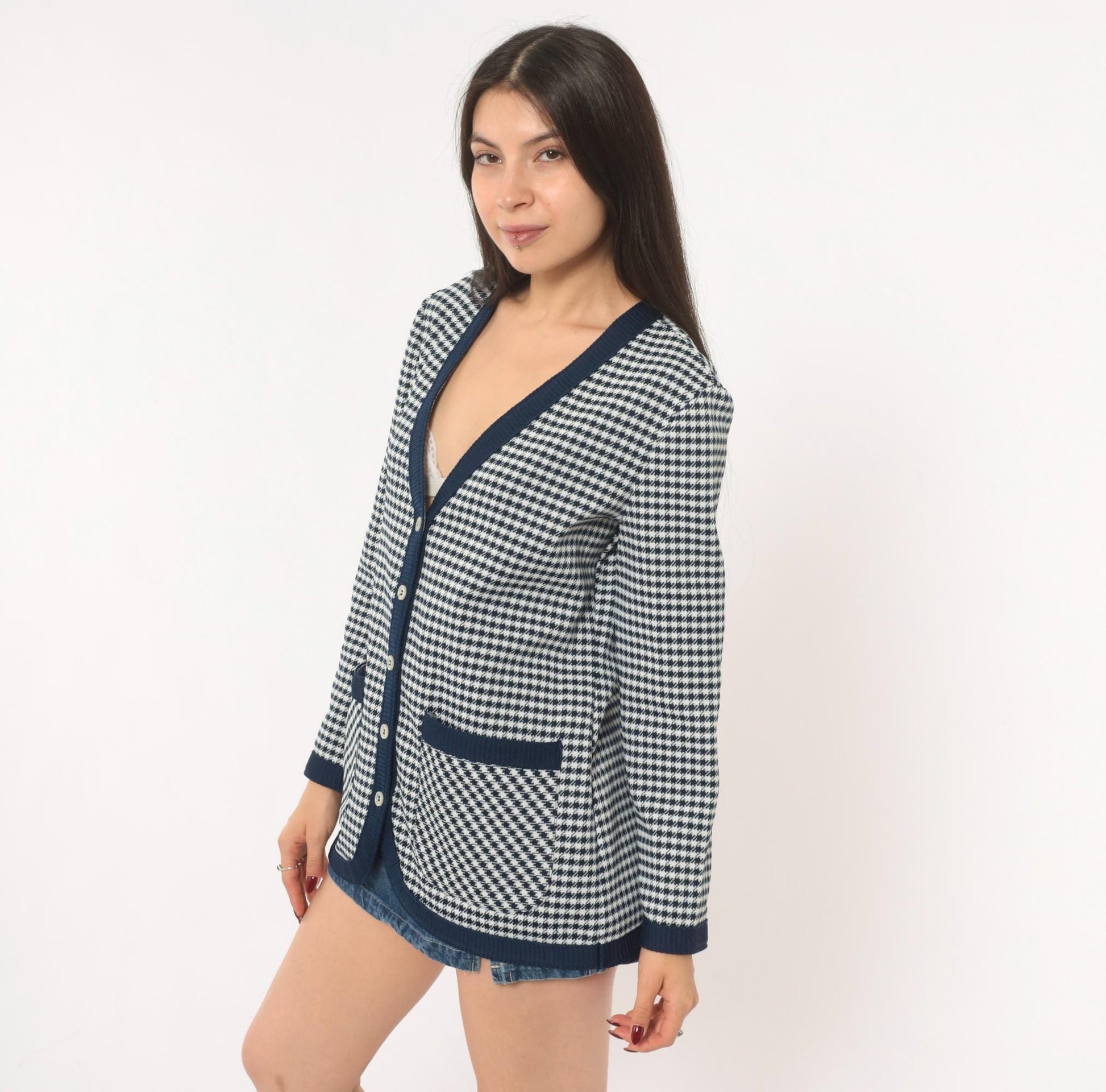 70s Jack Winter Houndstooth Cardigan Navy White Check Knit Medium M
