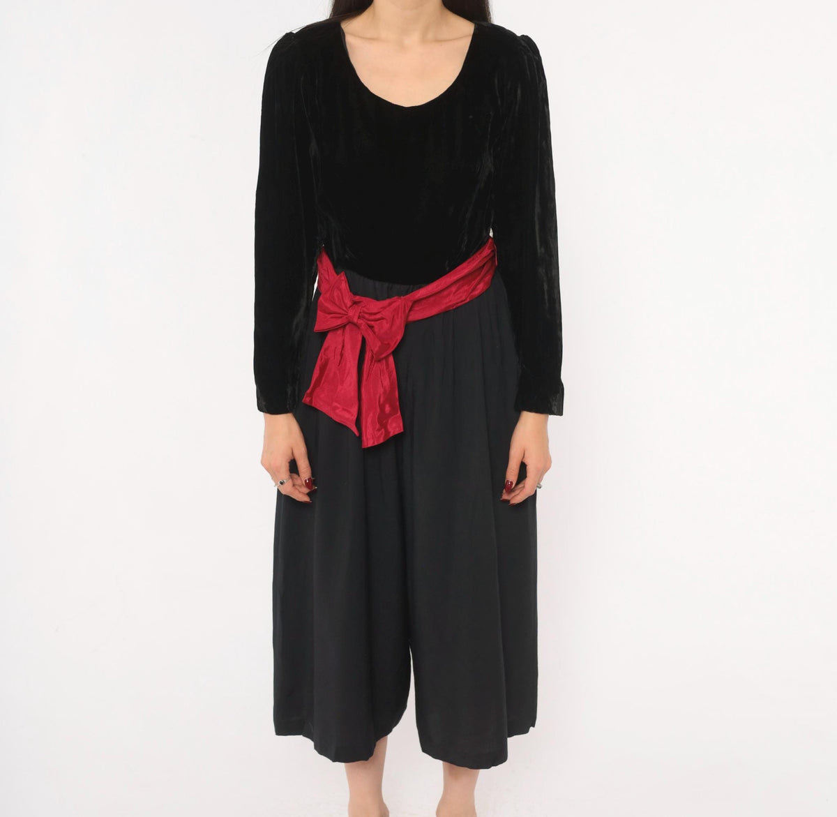 90s Petite Lanz Black Velvet Jumpsuit Burgundy Sash Puff Sleeve Small S