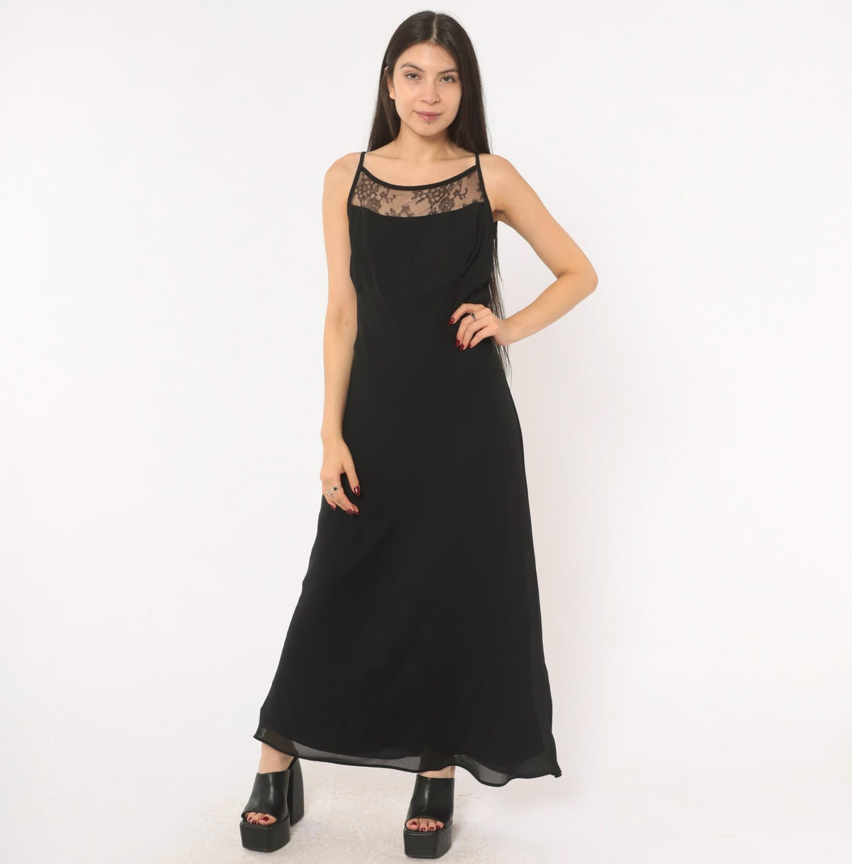 Gunne Sax Black Lace Maxi Slip Dress 90s Spaghetti Strap Low Back Large L