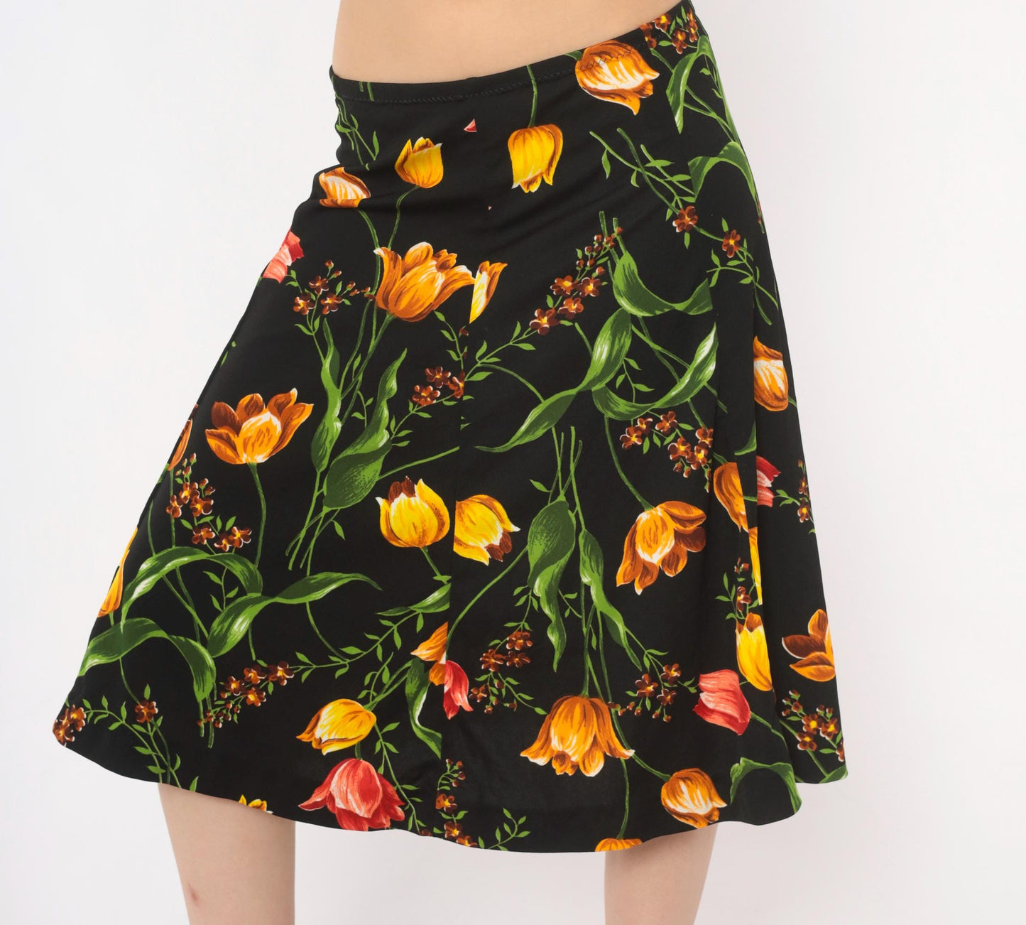 90s St Charmond Tulip Floral A-Line Skirt Black Orange Yellow Medium Large