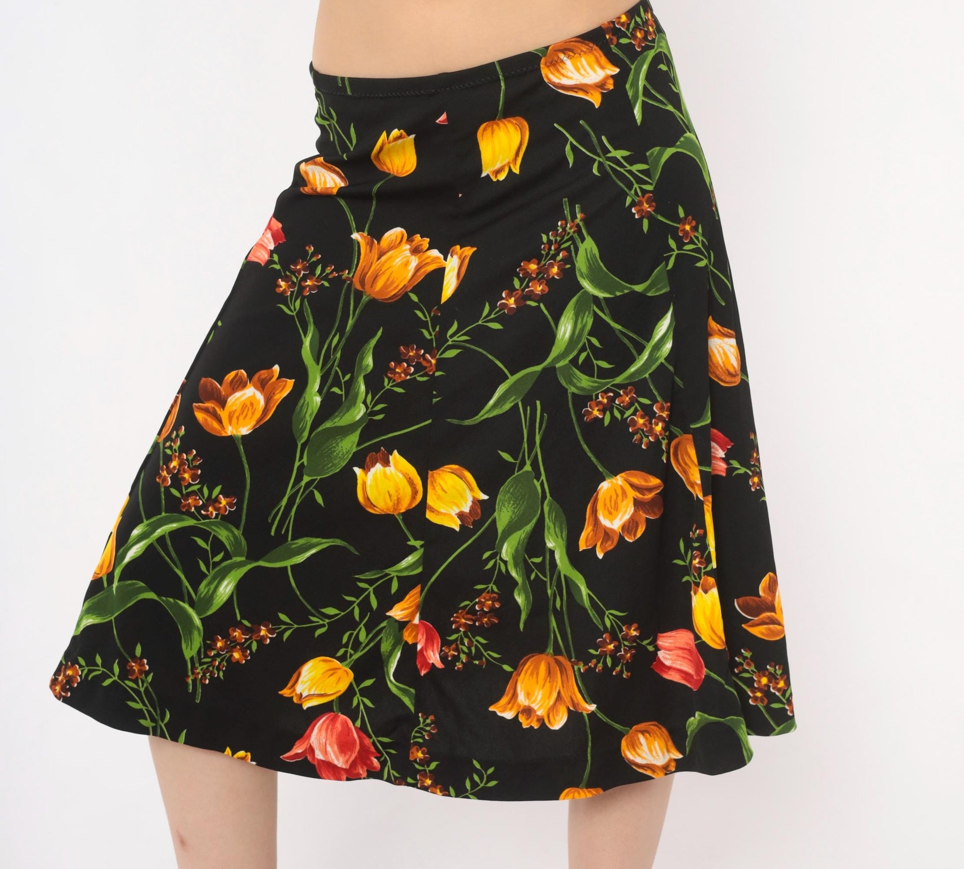 90s St Charmond Tulip Floral A-Line Skirt Black Orange Yellow Medium Large