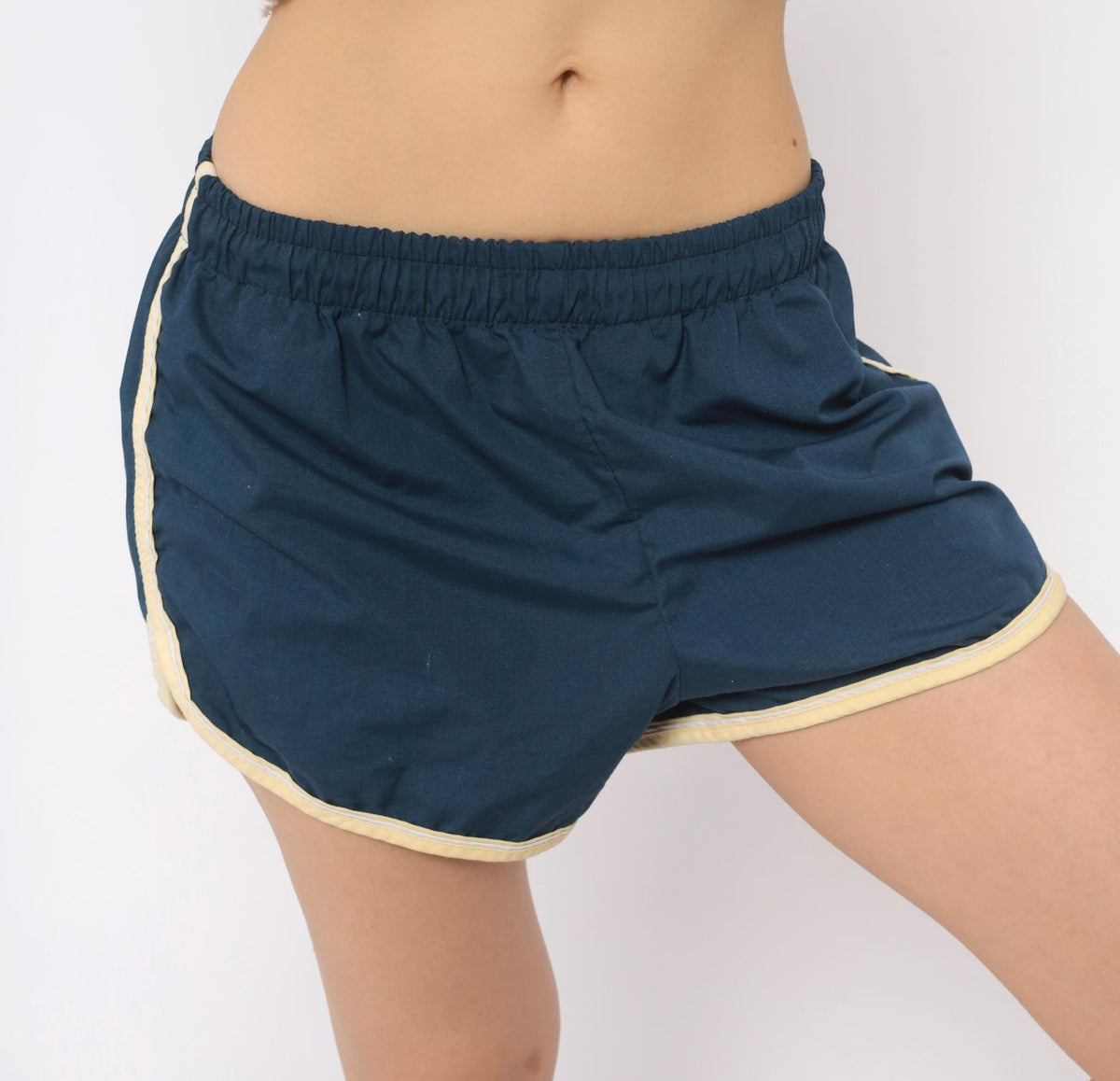 80s Jantzen Navy Running Shorts Cream Piping Dolphin Hem Cotton Medium