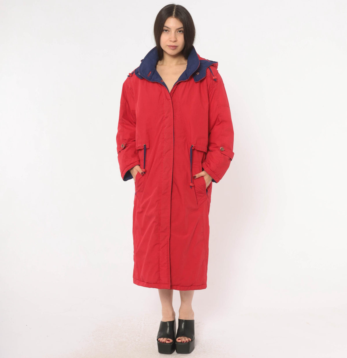 80s Red Duck Down Parka Long Hooded Coat Navy Trim Small S