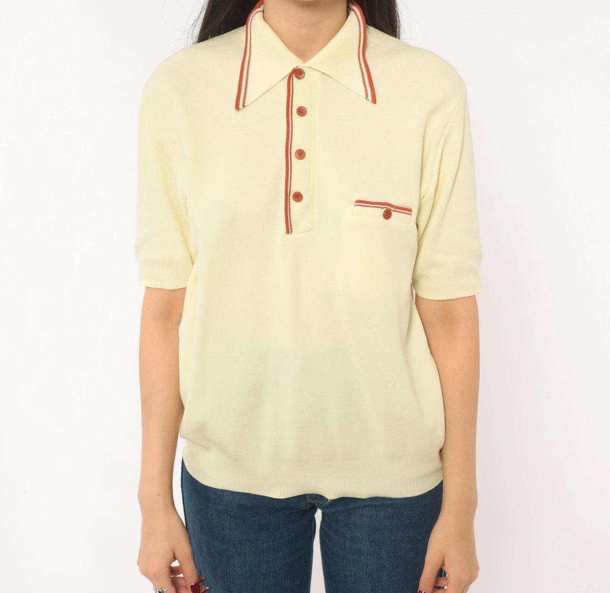 70s Ban Lon Polo Shirt Cream Rust Collar Knit Medium M