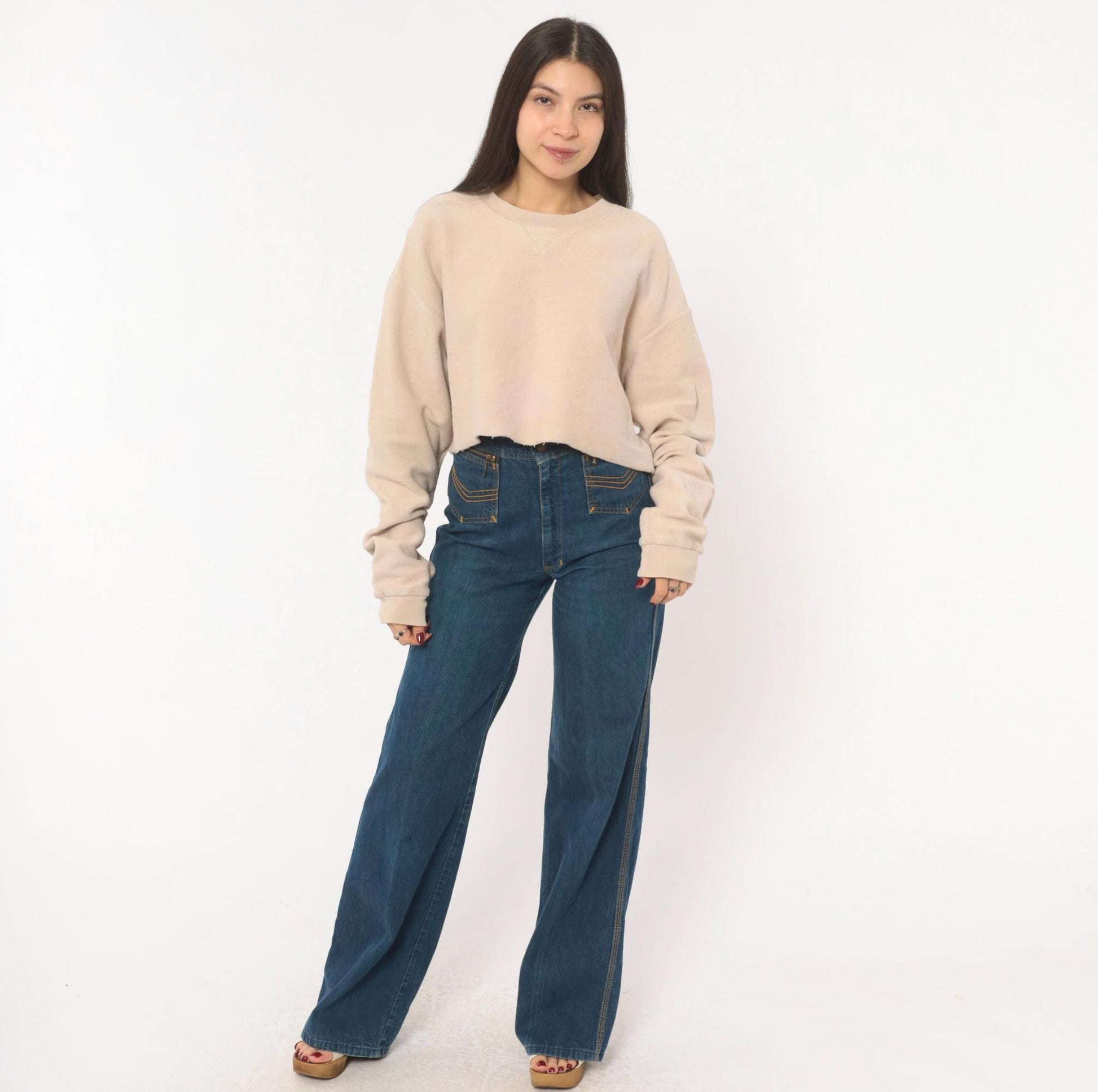 90s Lands' End Cropped Sweatshirt Tan Cotton Raglan Small