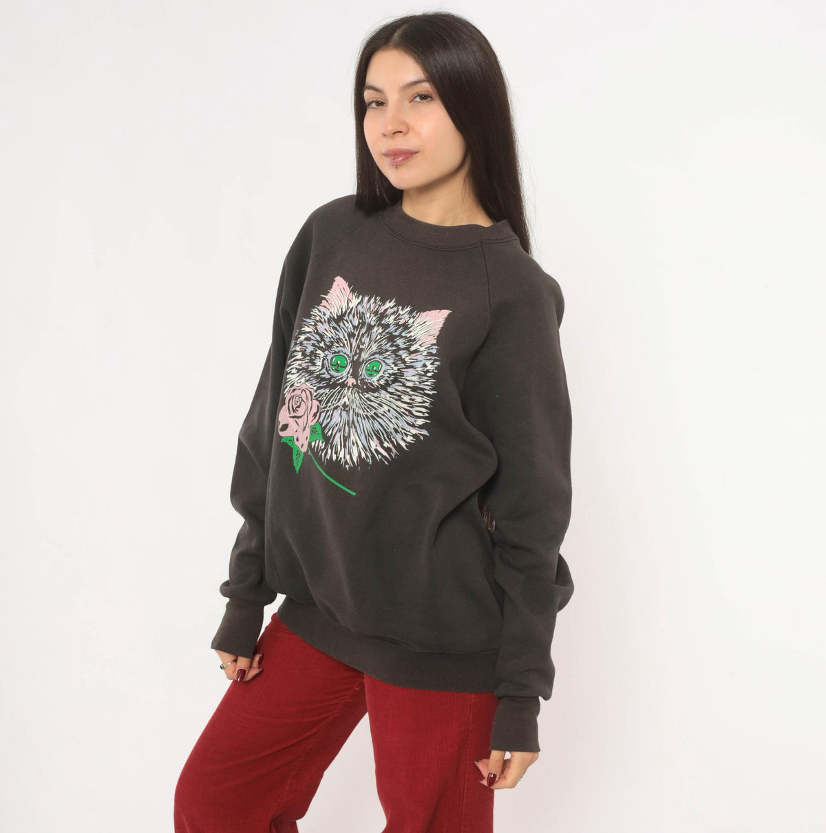 90s Fruit Of The Loom Cat Rose Raglan Sweatshirt Faded Black Large L